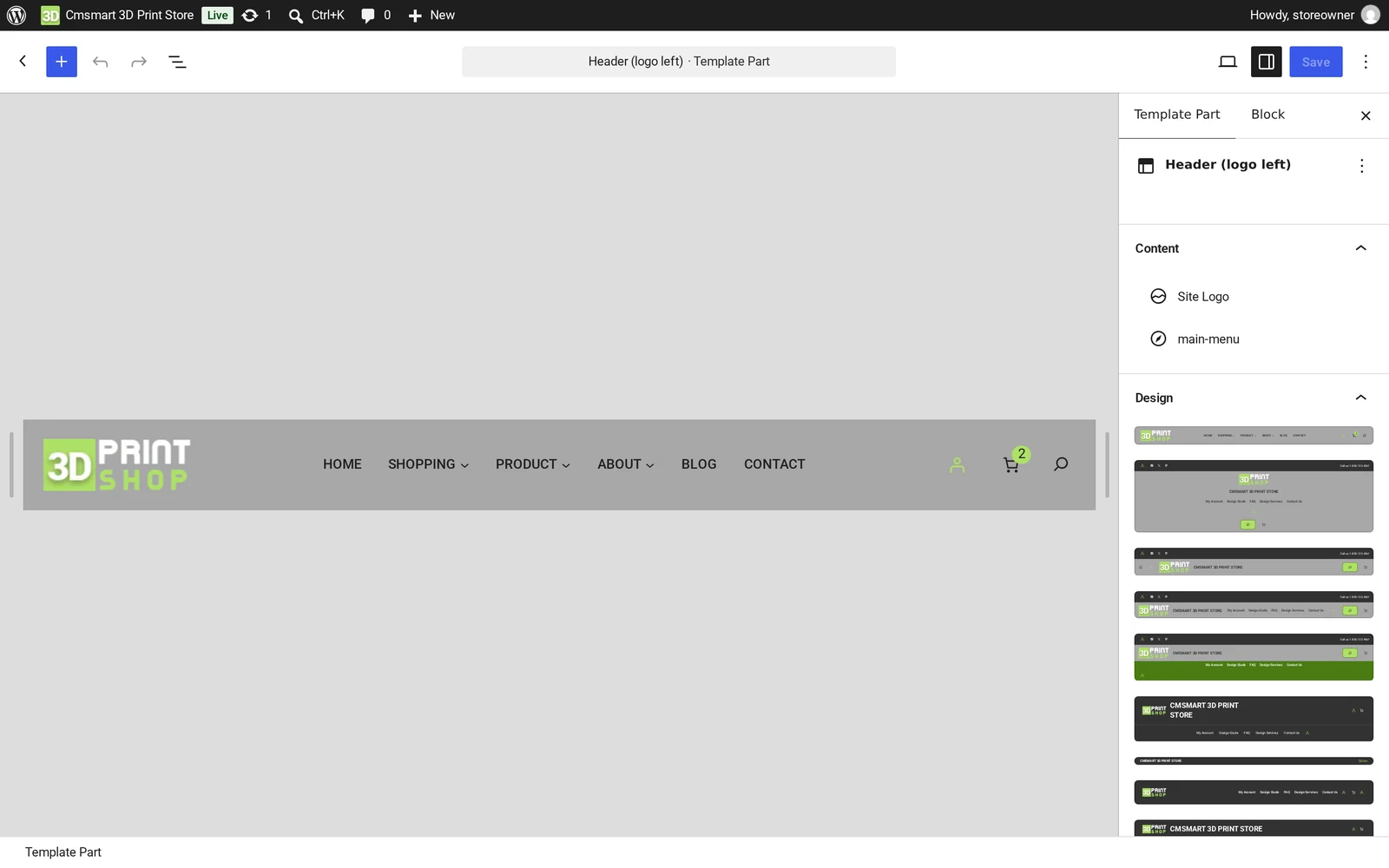 WordPress Site Editor open on the header template part of the Cmsmart 3D Print Store theme, showing the logo and main menu