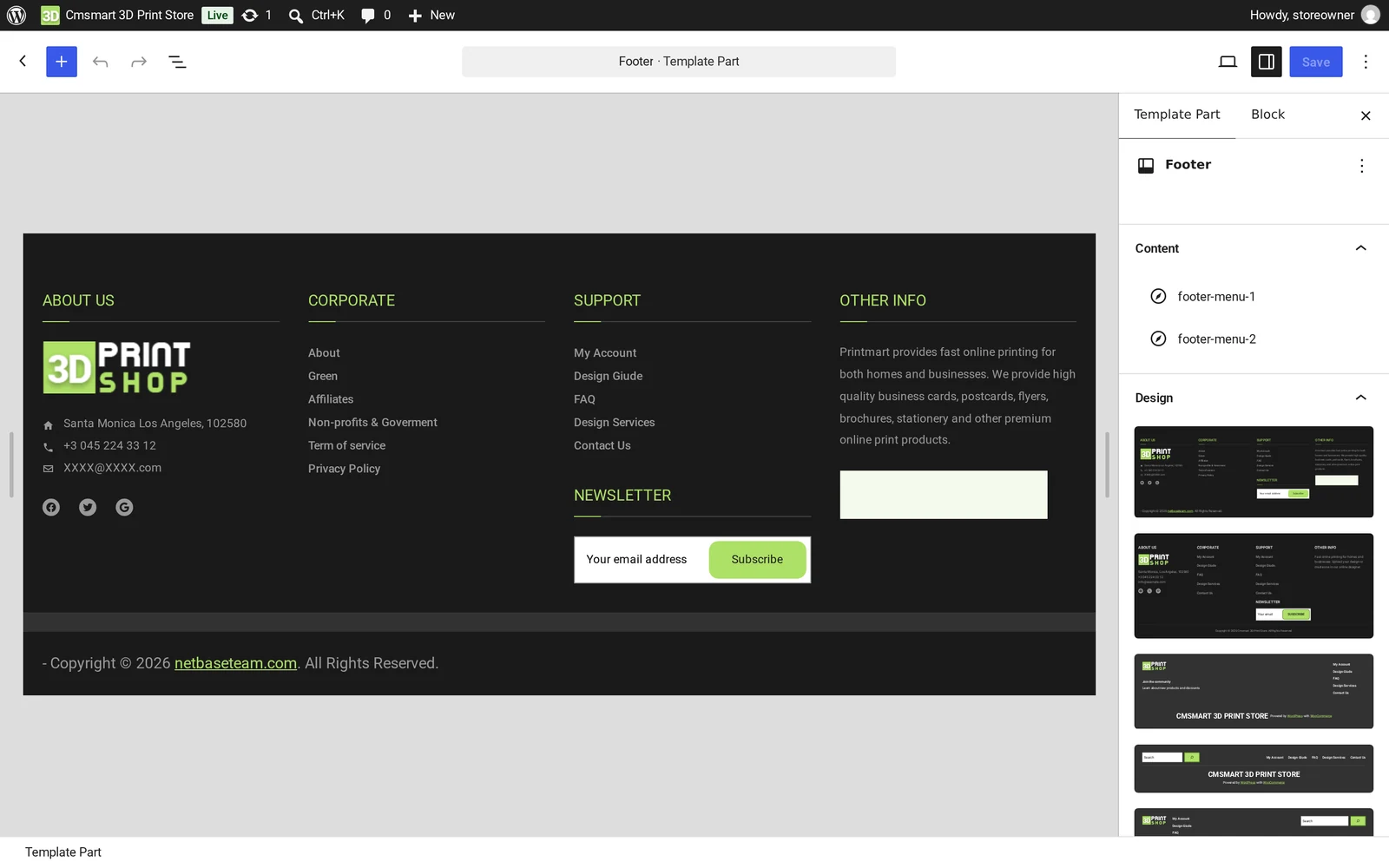 WordPress Site Editor open on the footer template part, showing the About, Corporate, Support and newsletter columns