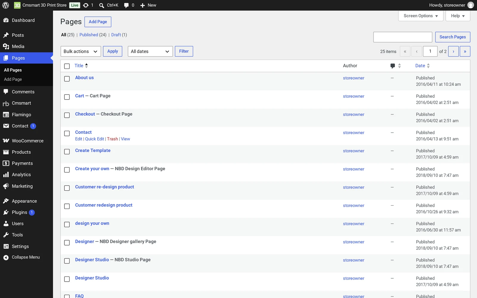 WordPress Pages list showing the pages imported by the Cmsmart 3D Print Store sample data