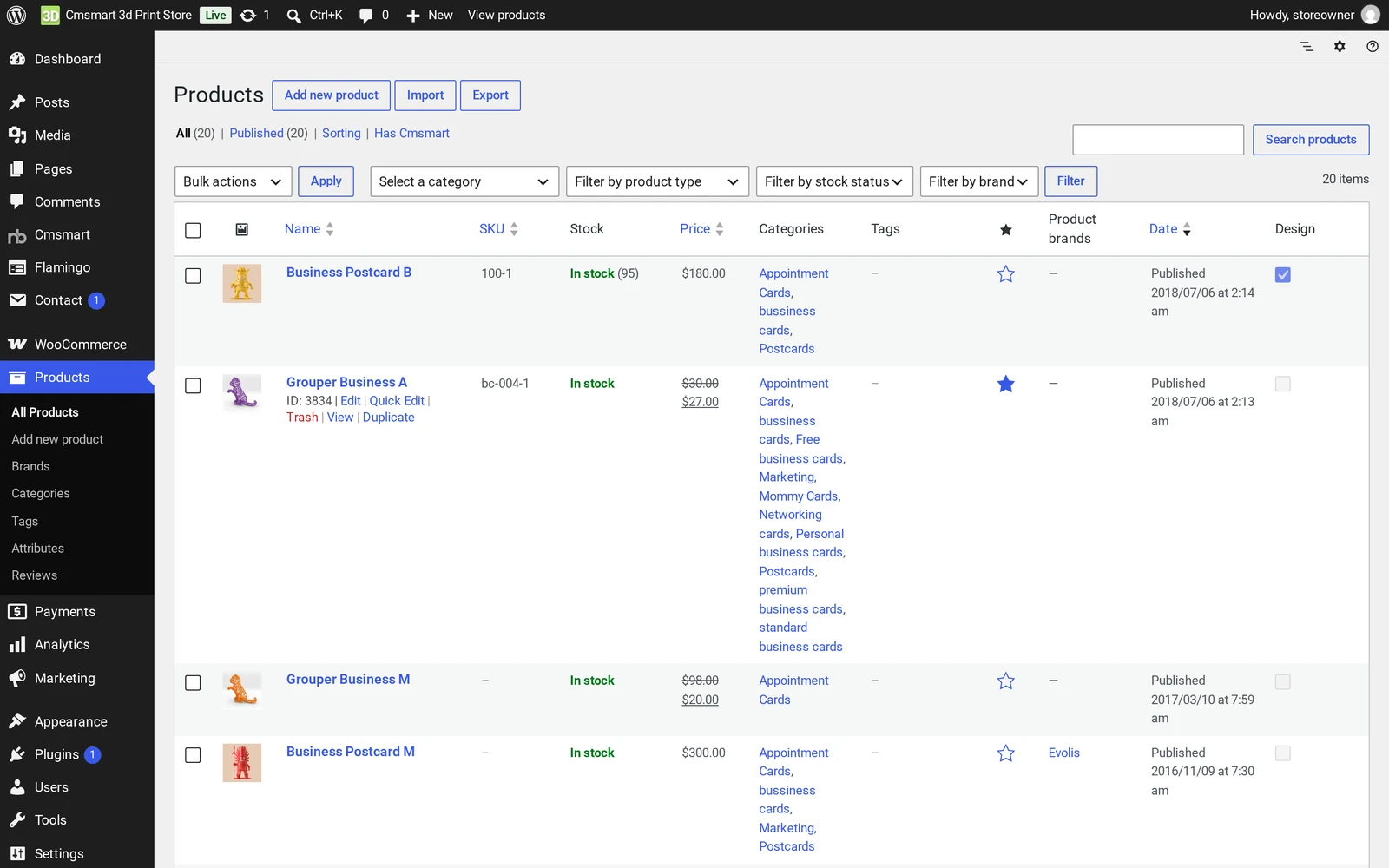 WordPress Products list showing demo products in the Cmsmart 3D Print Store sample catalogue