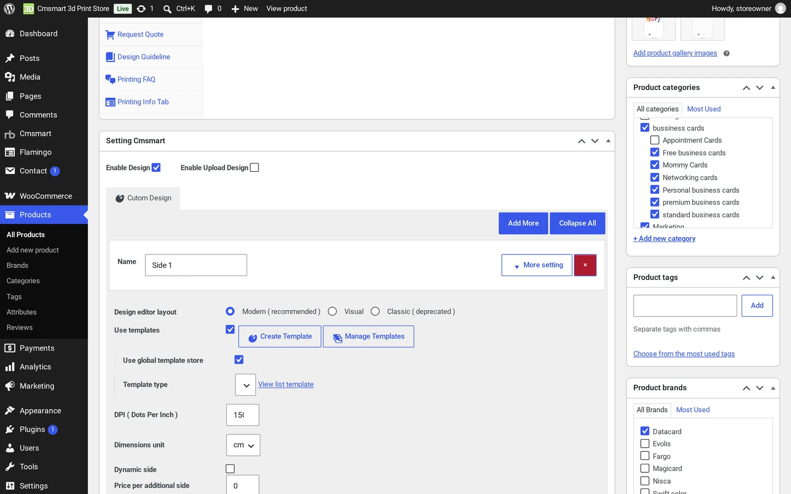 Cmsmart Product Designer settings box on a WooCommerce product edit screen, showing Enable Design, templates and DPI options