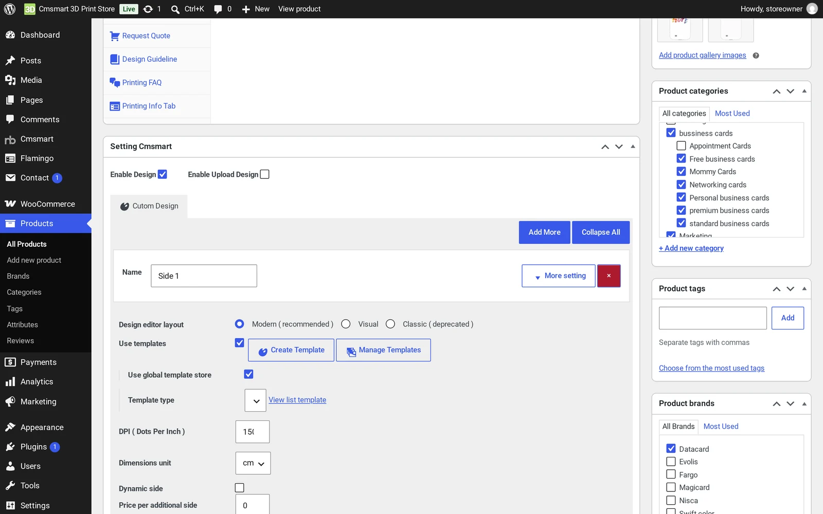 Cmsmart Product Designer settings box on a WooCommerce product edit screen, showing Enable Design, templates and DPI options