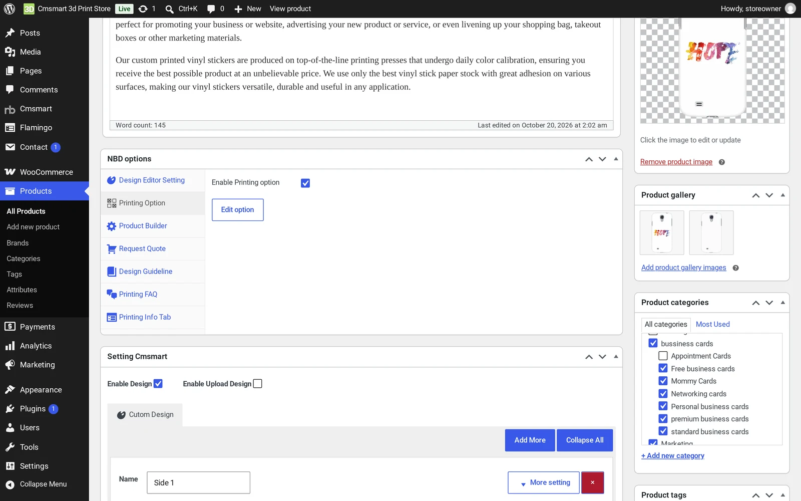 Cmsmart NBD options panel on a product edit screen showing the Printing Option toggle and Edit option button