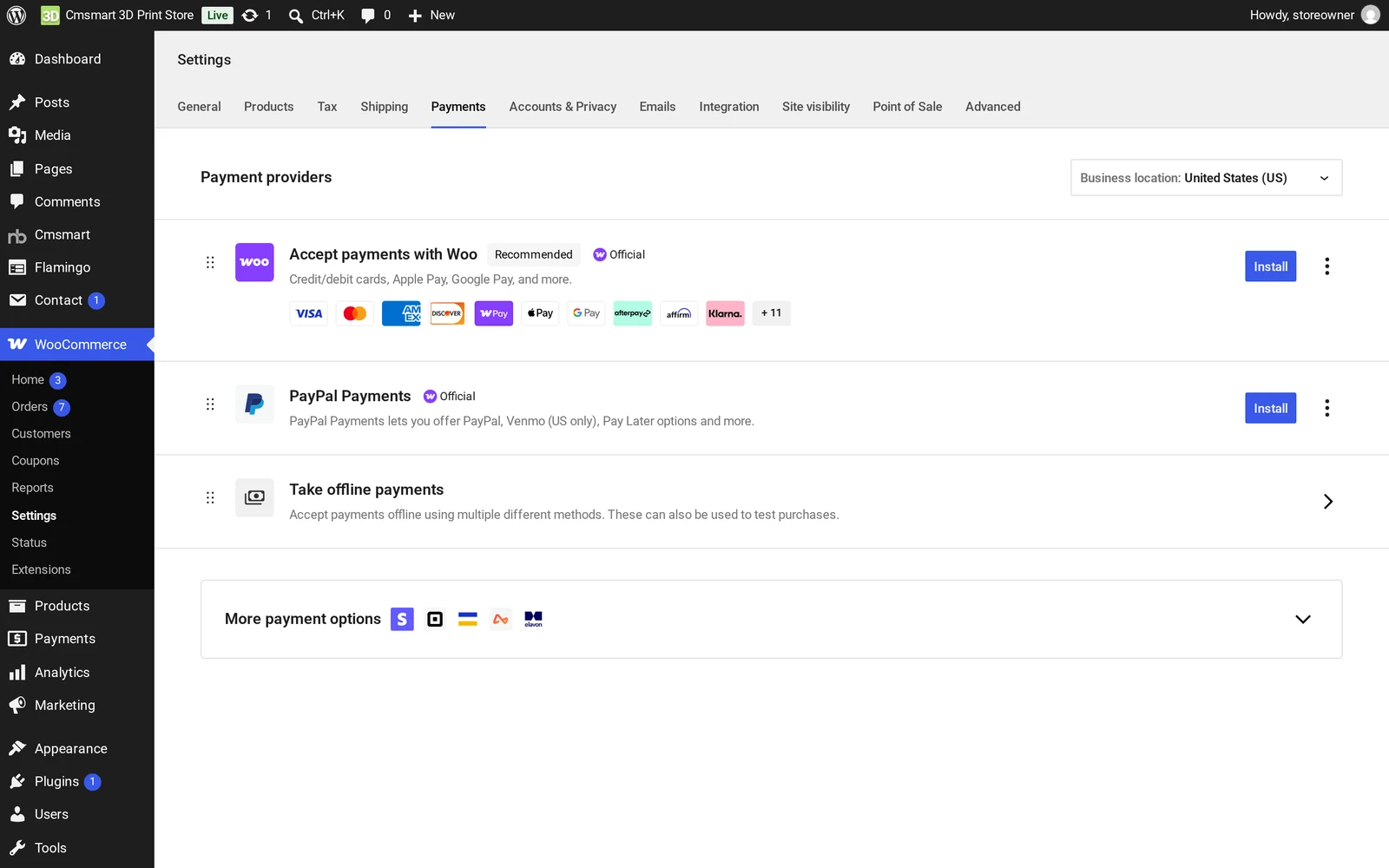 WooCommerce Settings Payments screen listing WooCommerce Payments, PayPal Payments and offline payment options