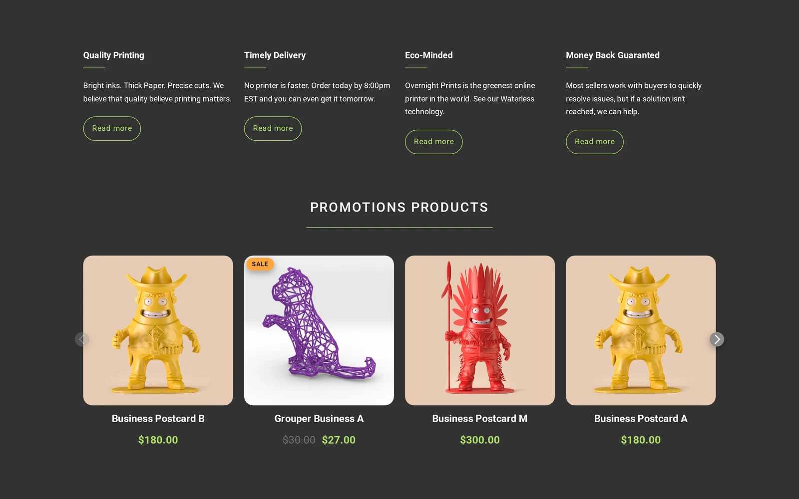 3D Printing Store WooCommerce storefront homepage showing the feature highlights and promotions products section with sample catalogue items