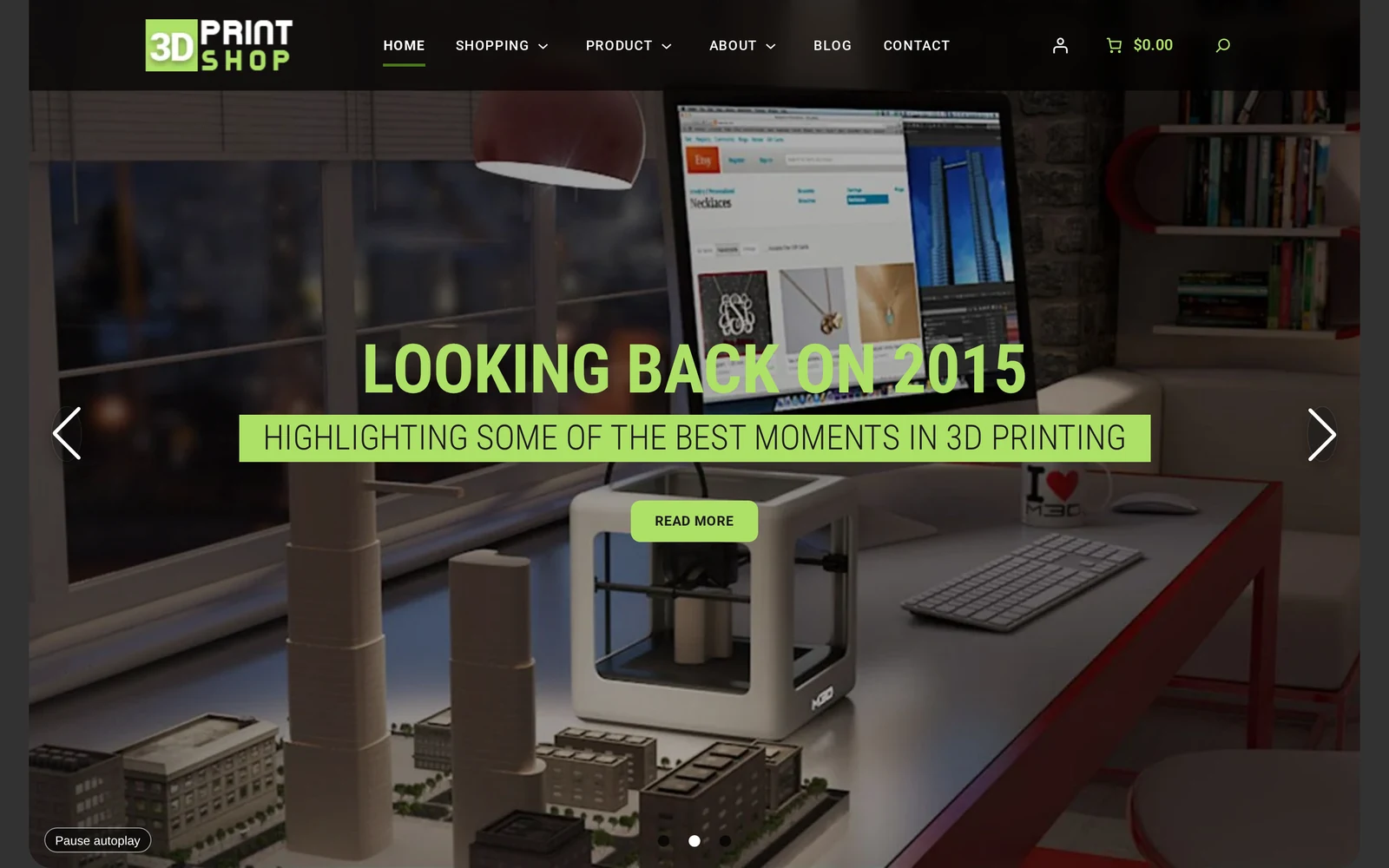 3D Printing Store WooCommerce storefront homepage with navigation menu, hero banner and promotions section