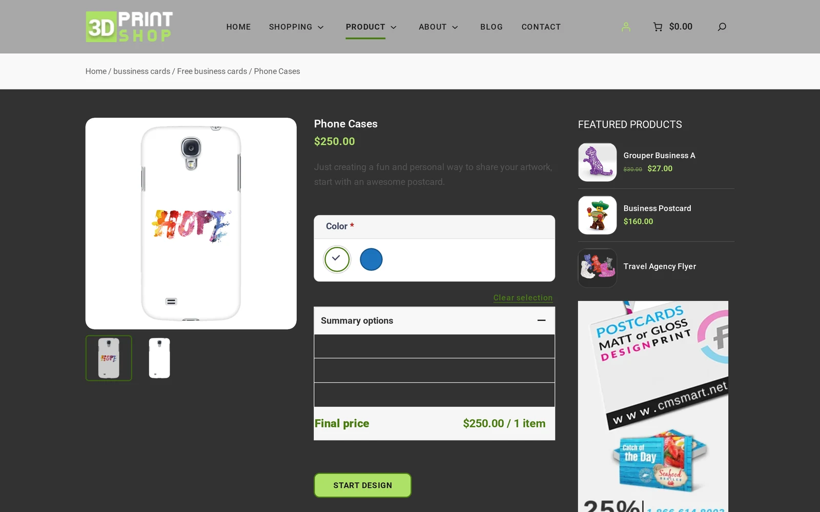 3D Print Store product page for a demo product with a Start Design button and color option