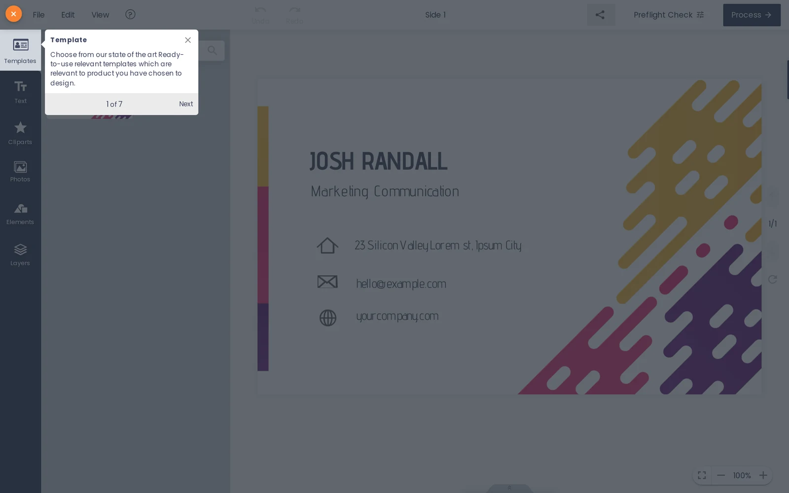Cmsmart Product Designer open on a demo product with the Templates panel, Preflight Check and Process buttons visible