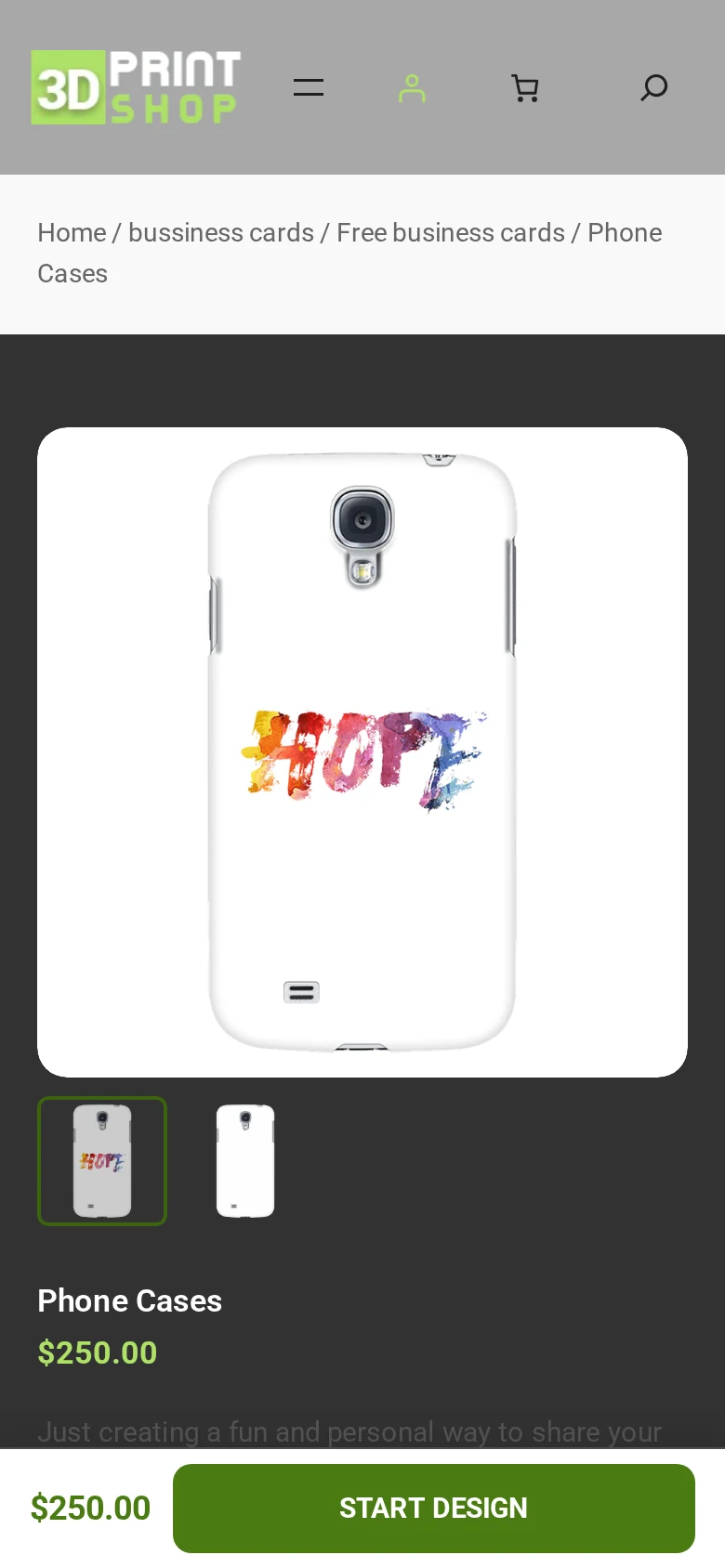 3D Print Store product page viewed on a mobile phone, showing the price and Start Design button