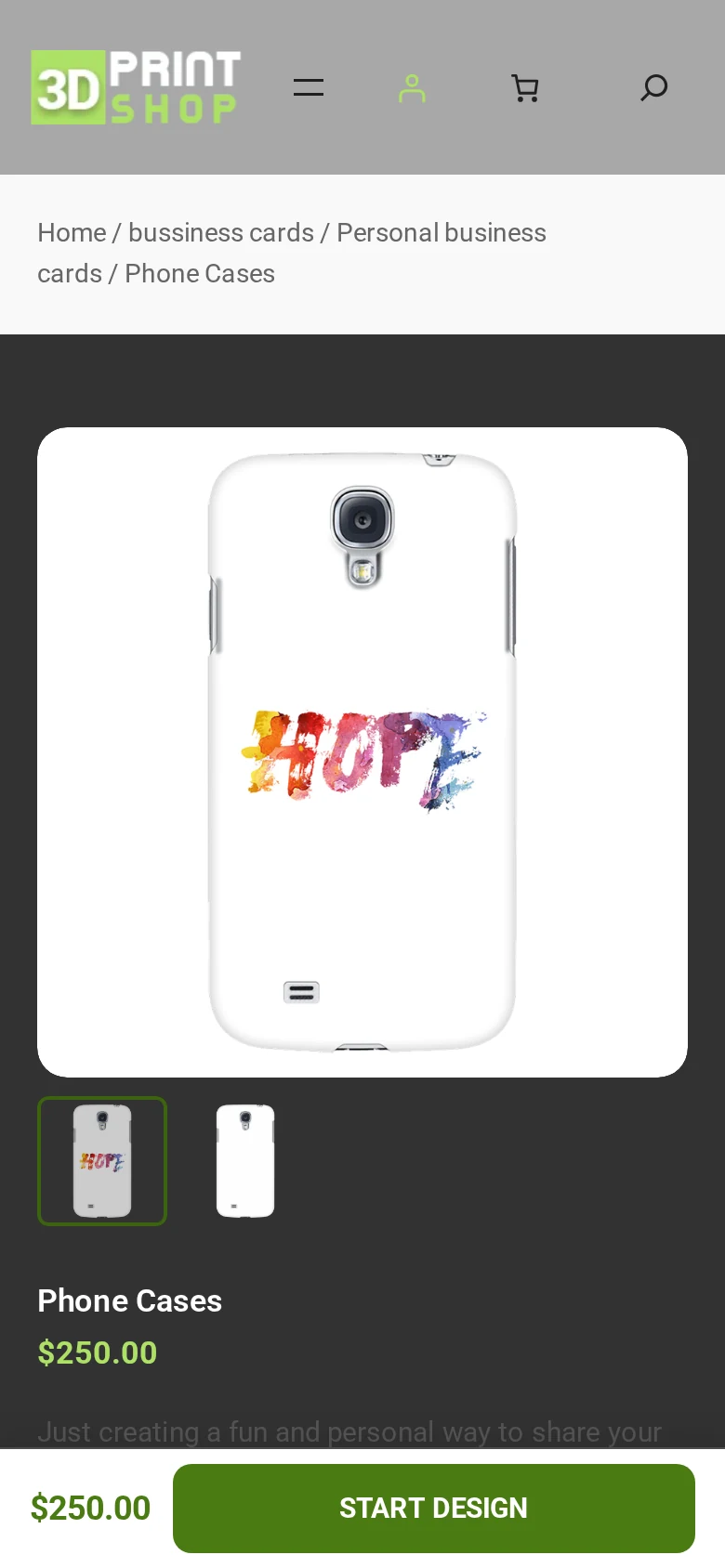 3D Print Store product page viewed on a mobile phone, showing the price and Start Design button