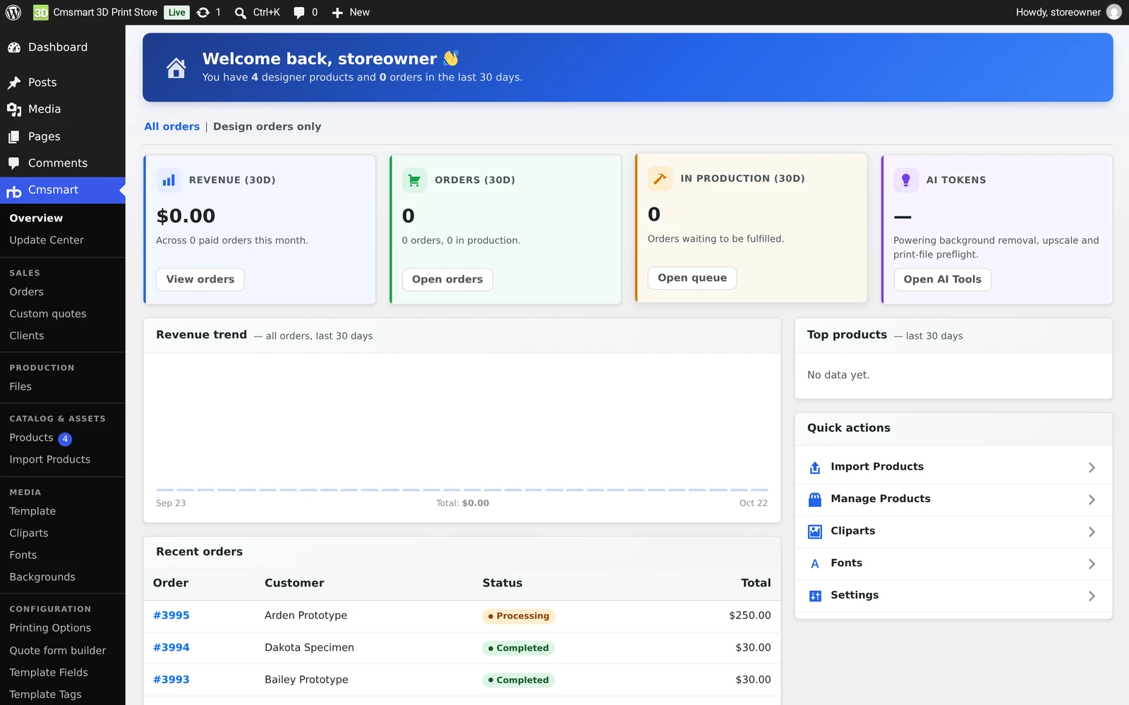 Cmsmart Overview admin page showing revenue, orders and production stat cards, a revenue trend chart, top products and quick actions