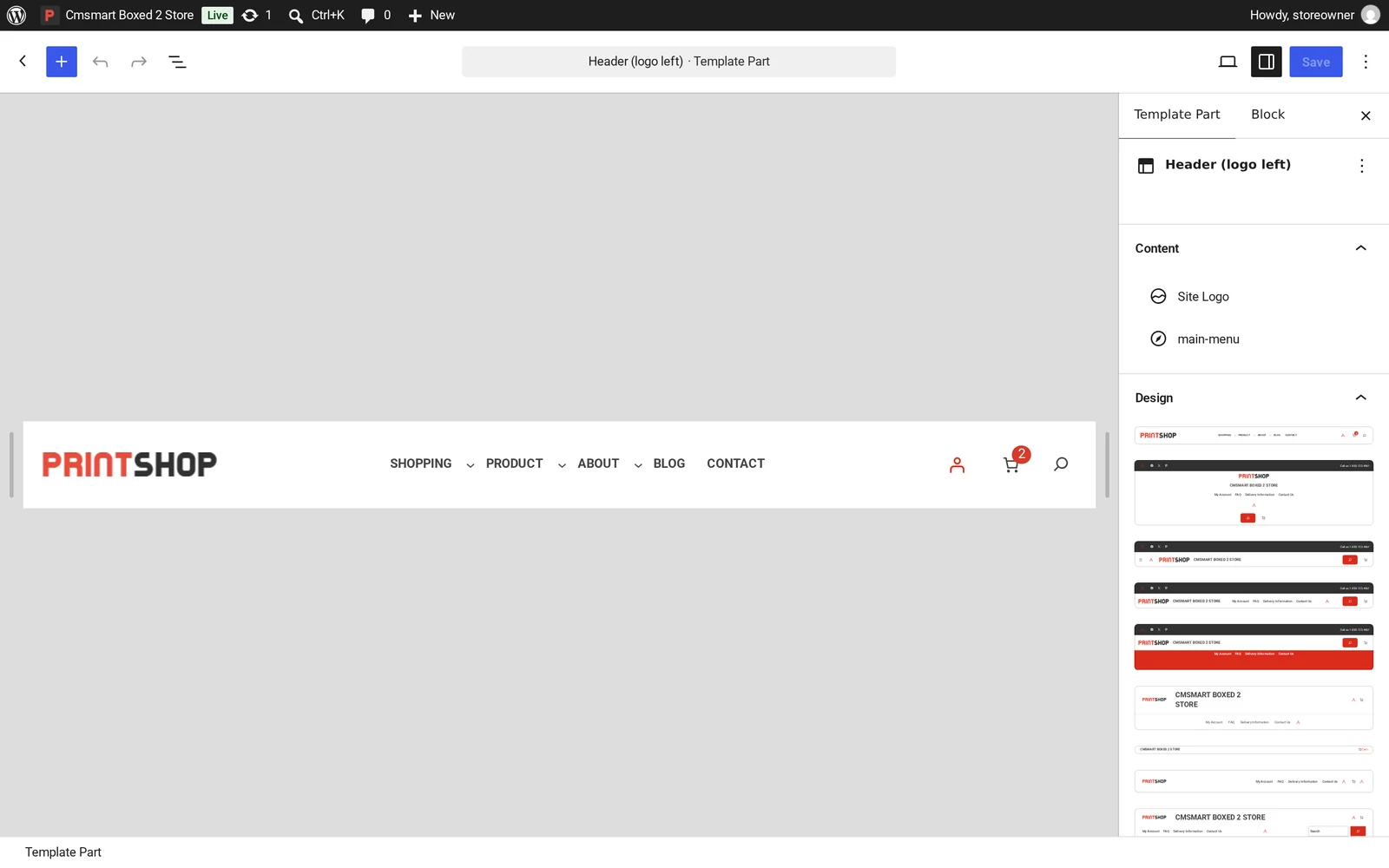 Cmsmart Boxed 2 Store header template part open in the WordPress Site Editor, with the Site Logo and main-menu blocks