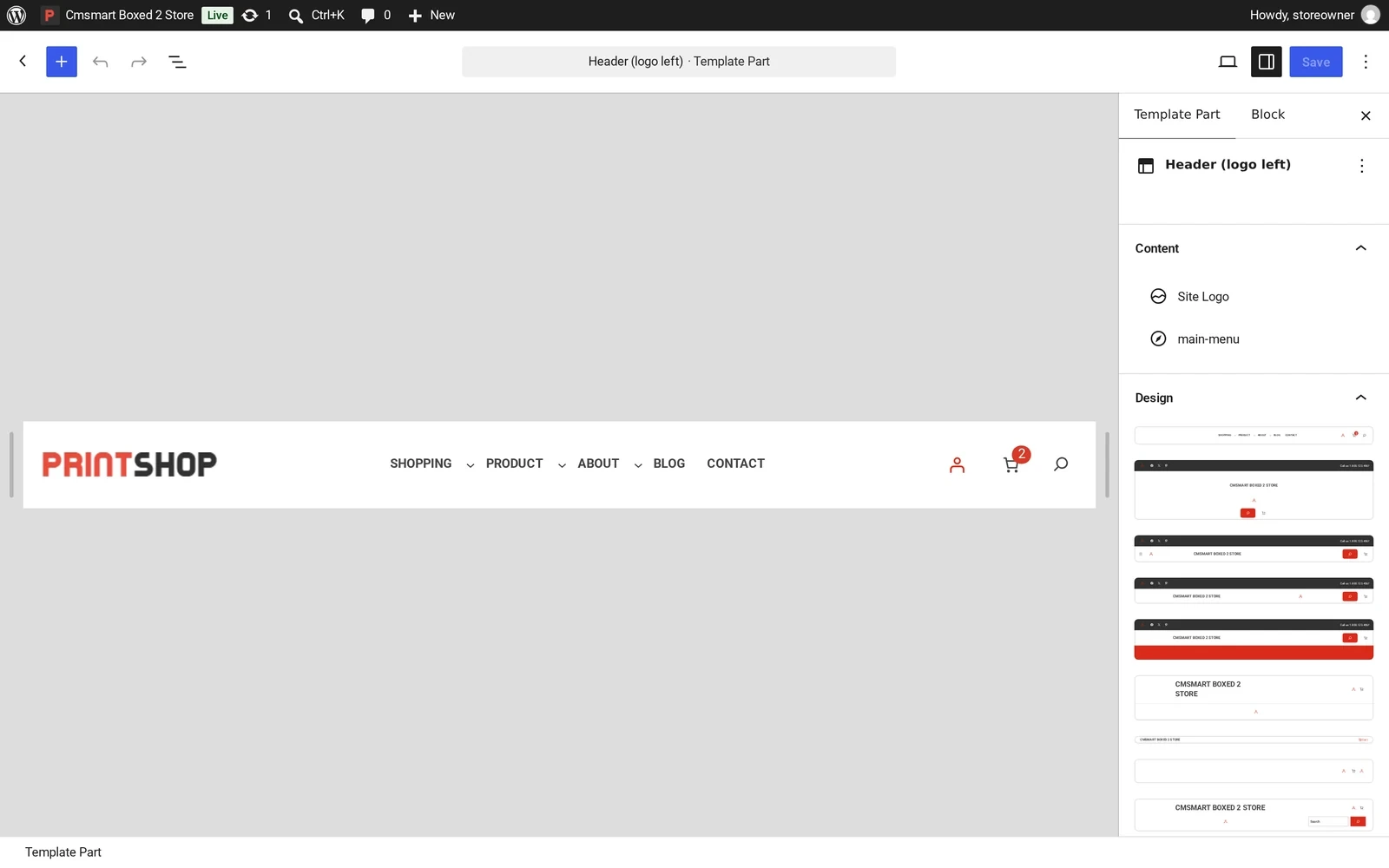 Cmsmart Boxed 2 Store header template part open in the WordPress Site Editor, with the Site Logo and main-menu blocks
