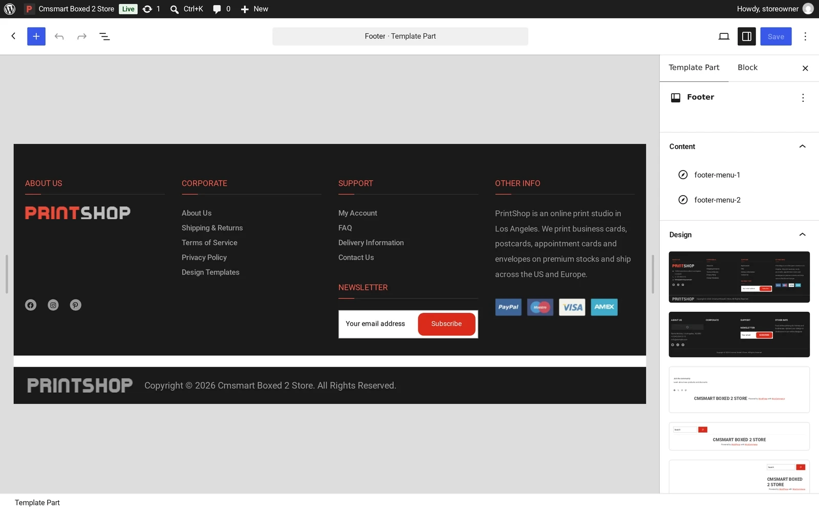 Footer template part of the Boxed 2 Store open in the Site Editor, showing the column layout