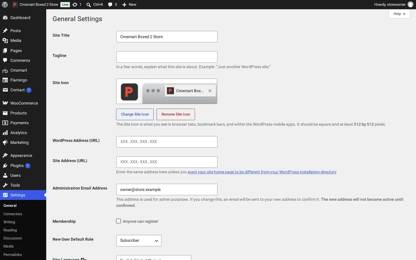 WordPress Settings General screen showing the site title field for the store