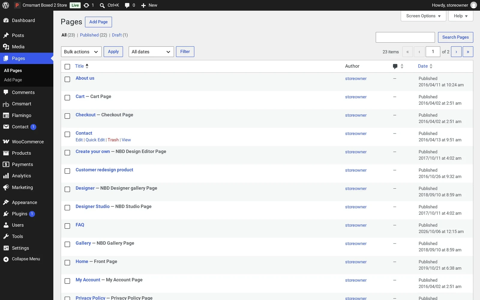 Pages list in wp-admin showing the pages the Cmsmart Boxed 2 Store sample data imported