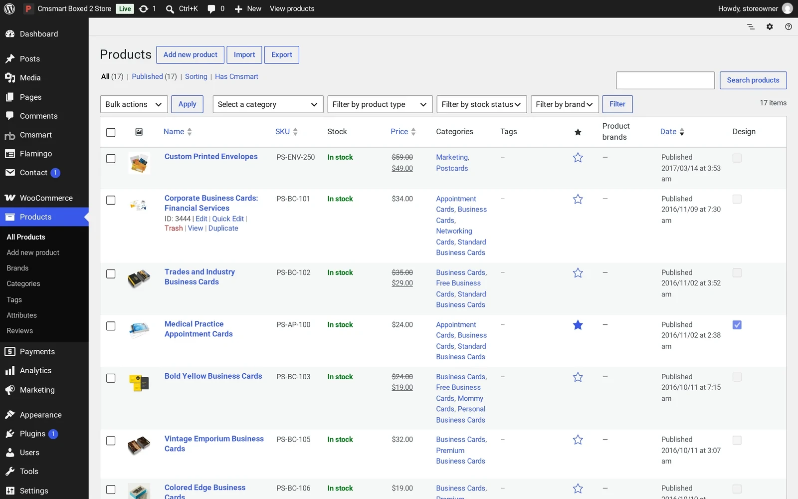 Products list in wp-admin showing the sample catalogue of cards and envelopes