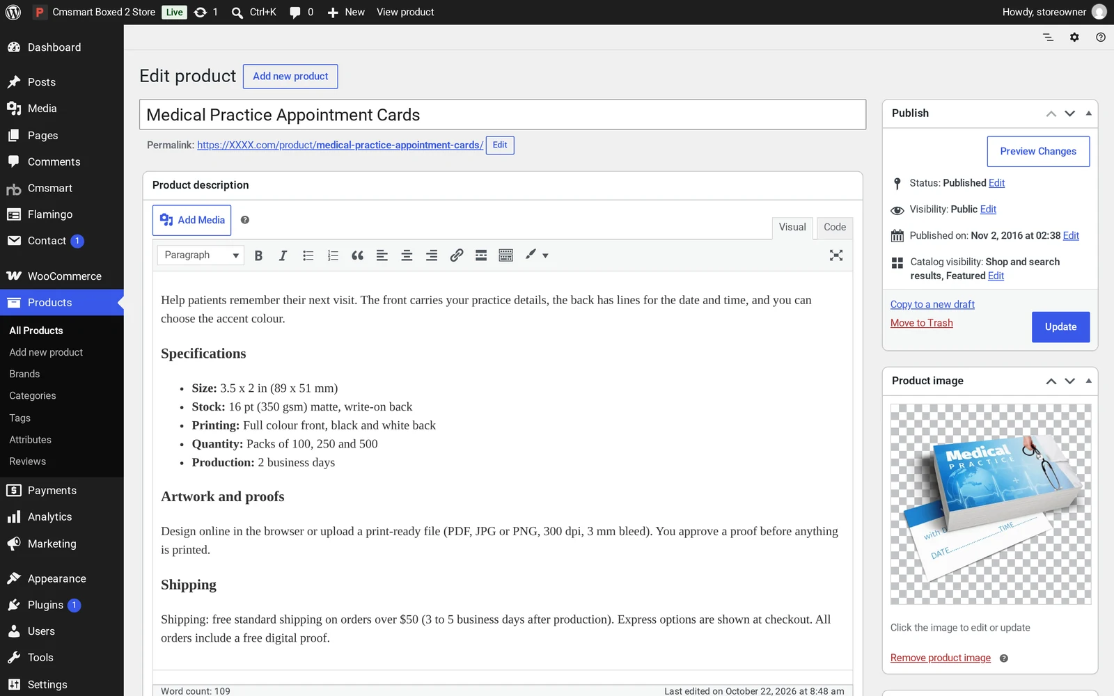 WooCommerce product editor open on a sample appointment card product, with title, description and price
