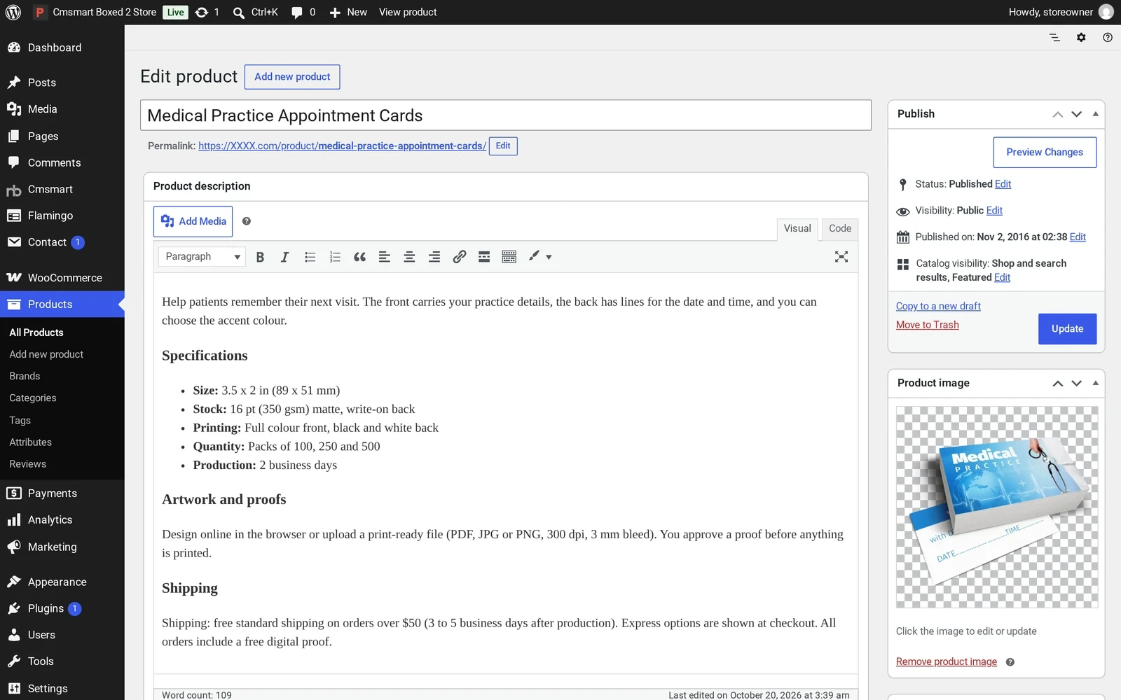 WooCommerce product editor open on a sample appointment card product, with title, description and price