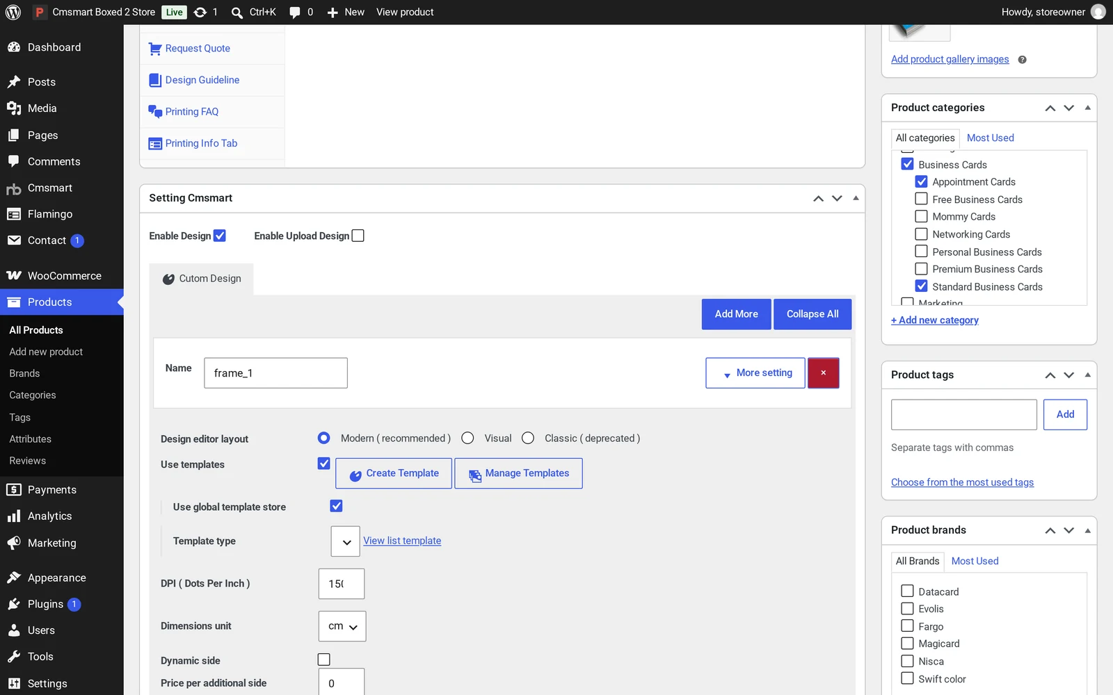 Setting Cmsmart box on the product editor showing the Cmsmart Product Designer template and DPI settings