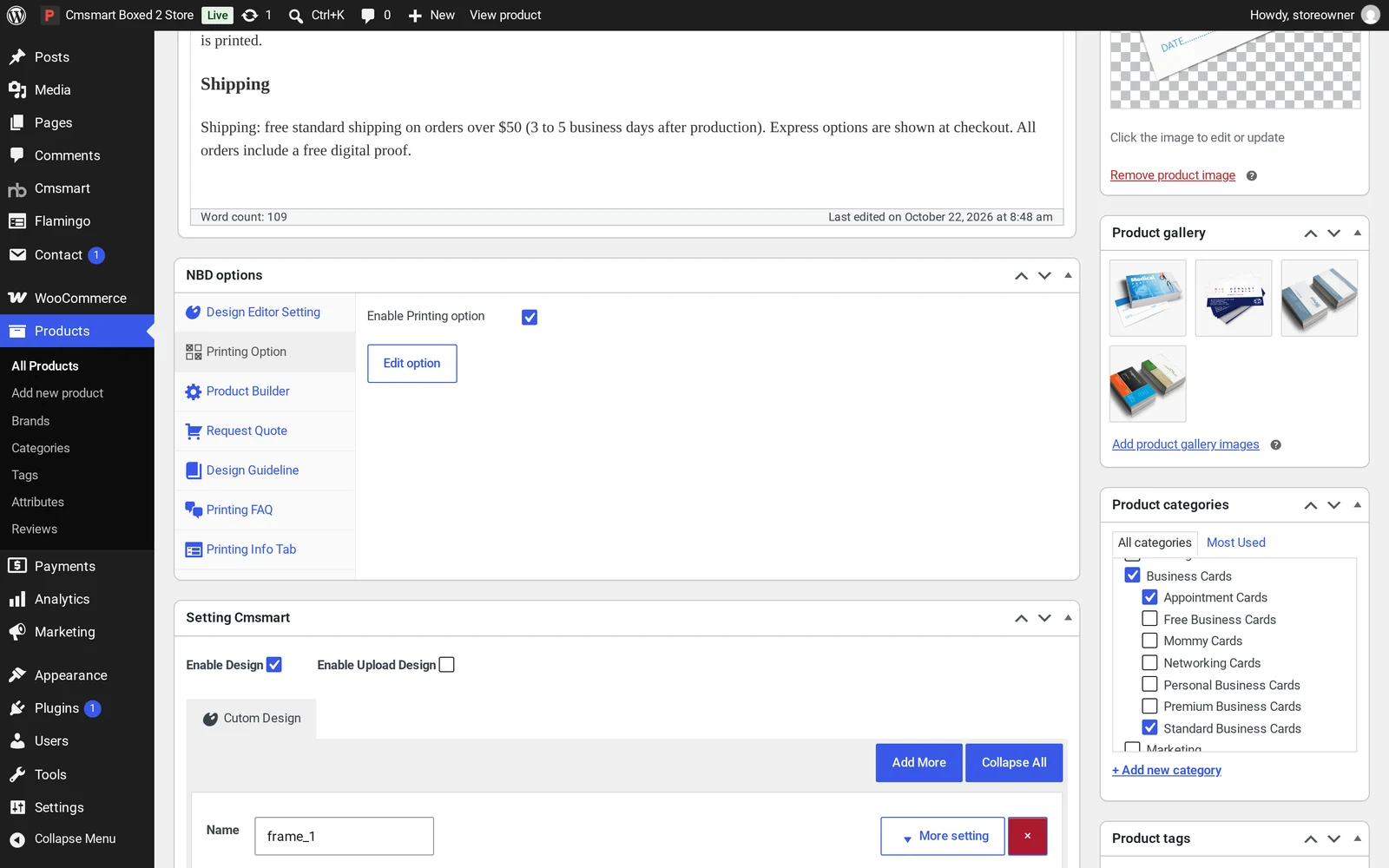 NBD options box on the product editor showing the printing option set assigned to the product