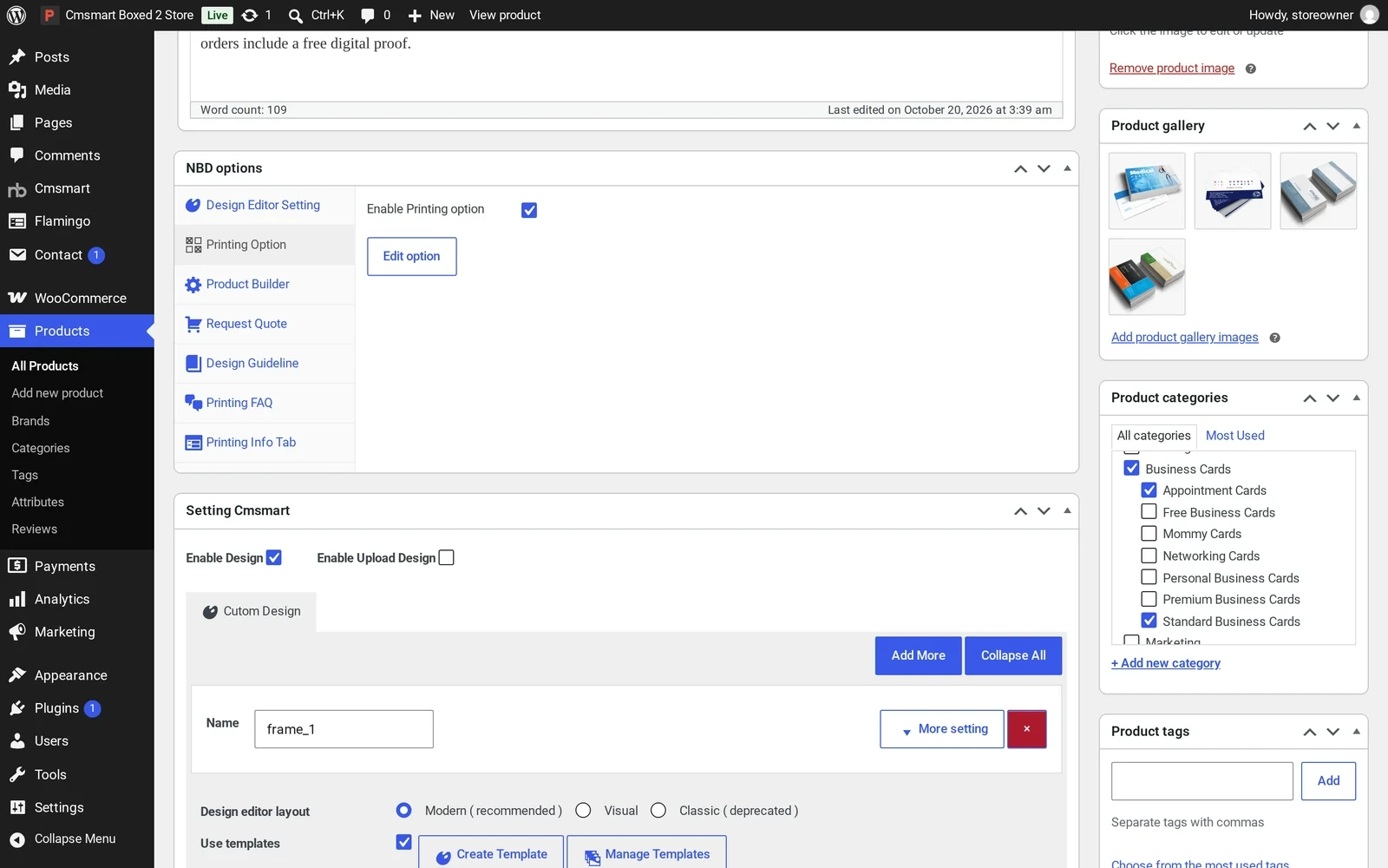 NBD options box on the product editor showing the printing option set assigned to the product