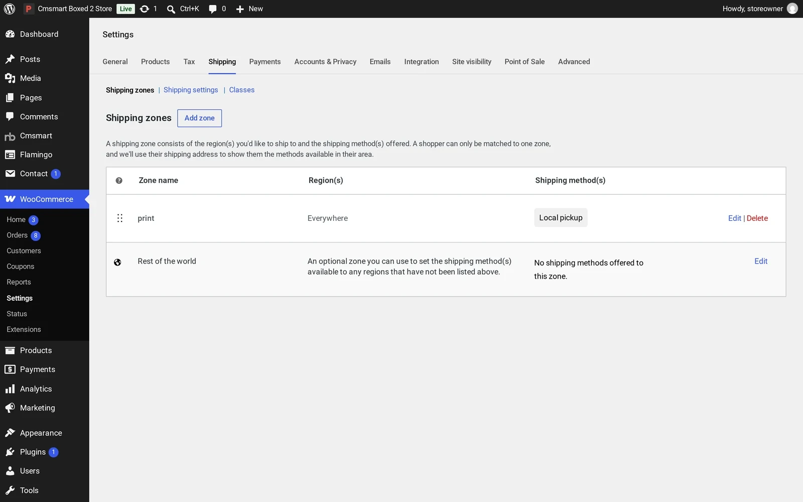 WooCommerce Settings Shipping screen showing the sample shipping zone and its methods