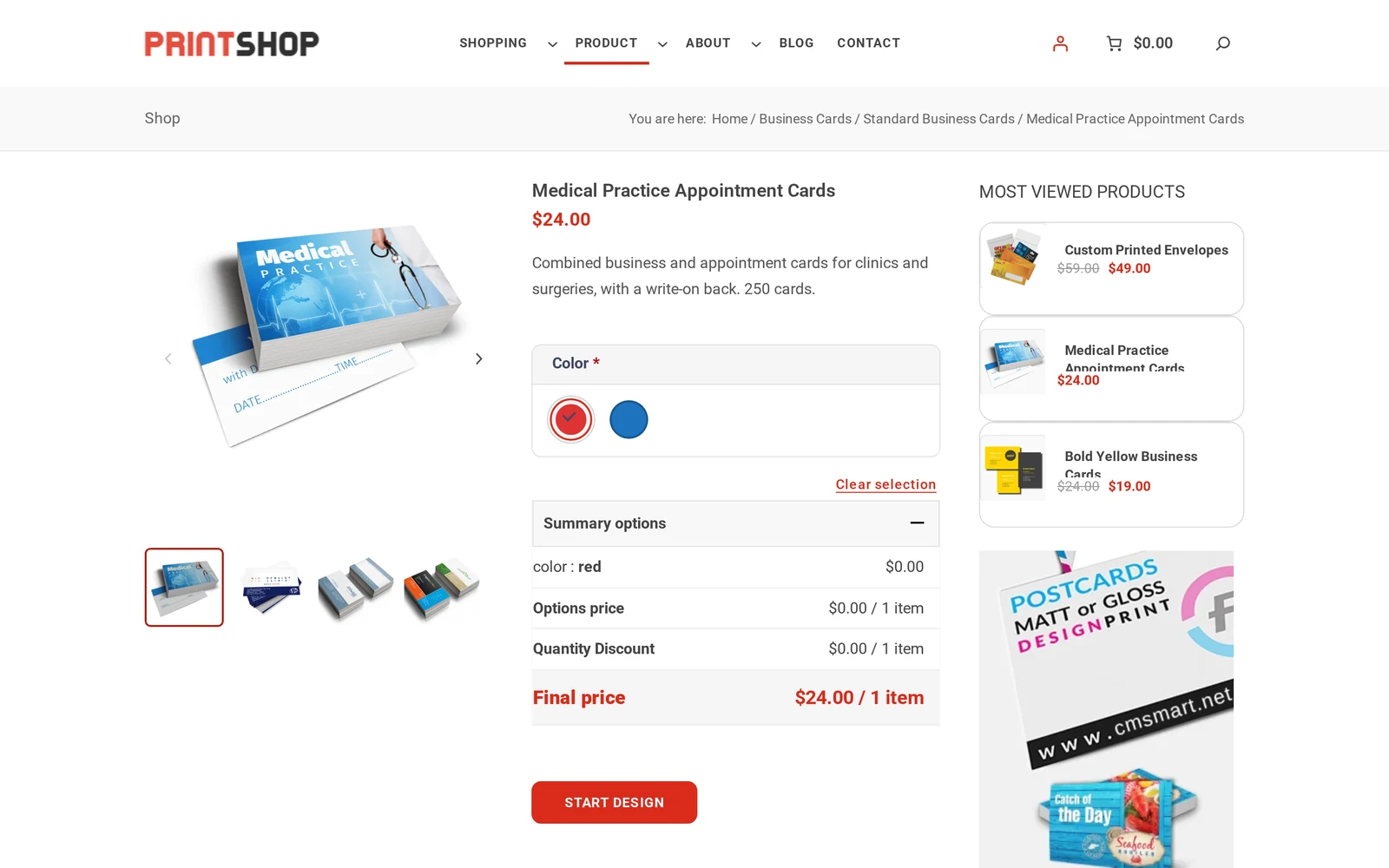 Cmsmart Boxed 2 Store product page showing a card product, colour options and the Start Design button