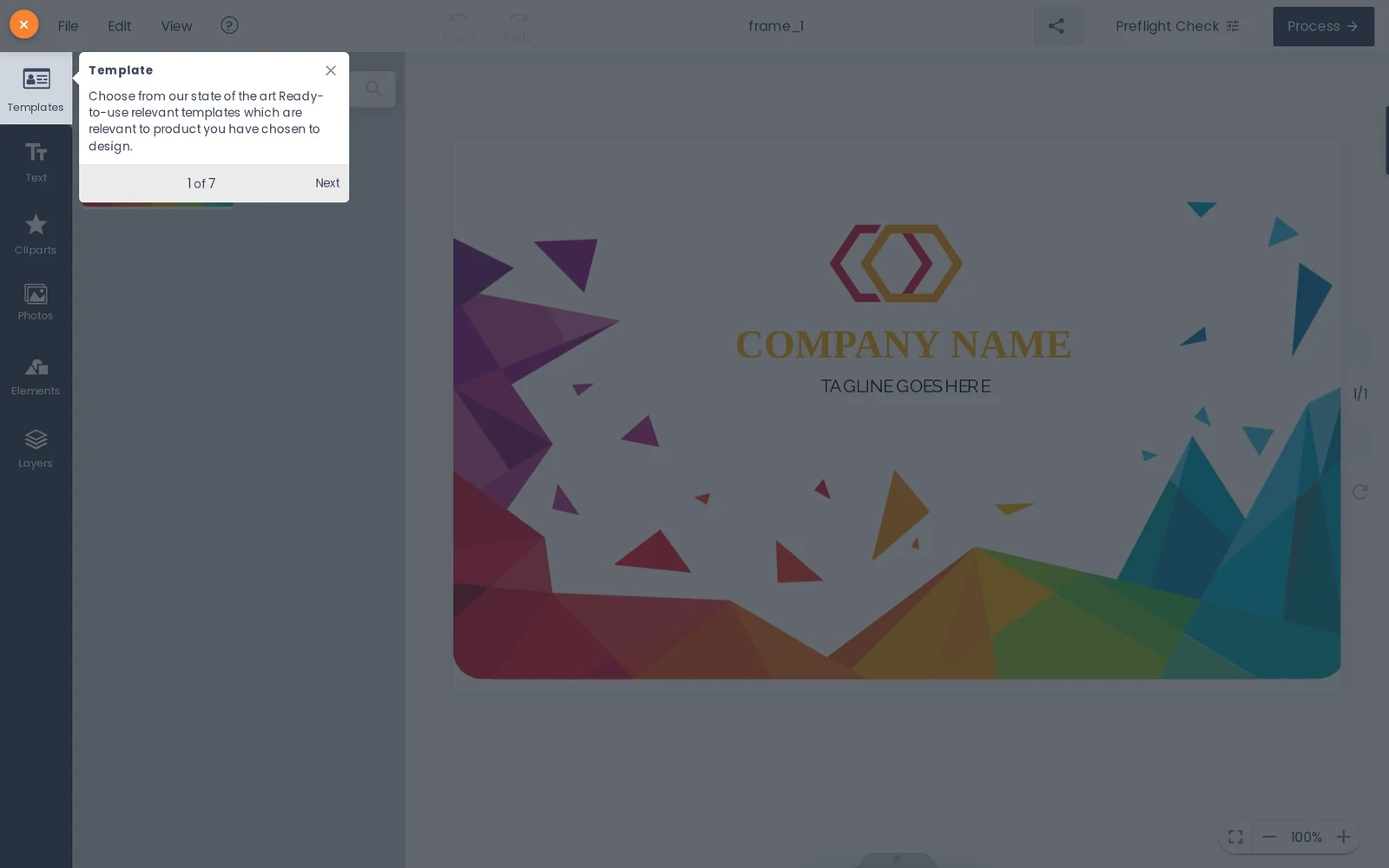 Cmsmart Product Designer open on a card product showing a design template and editor toolbar