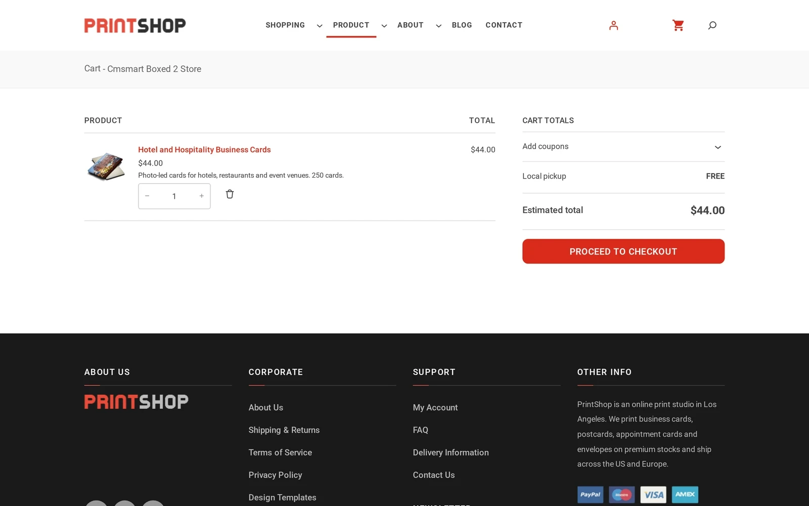 WooCommerce cart page on the Cmsmart Boxed 2 Store showing one designed product and the order total