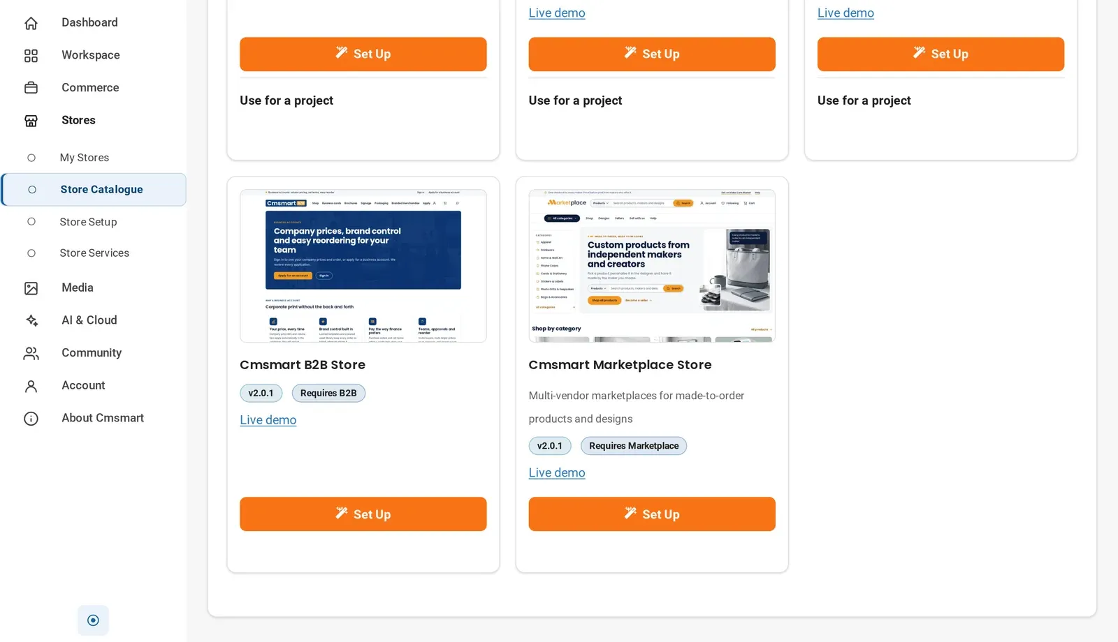 Cmsmart dashboard Store Catalogue showing the Cmsmart B2B Store tile with a Set Up button, next to the Cmsmart Marketplace Store tile