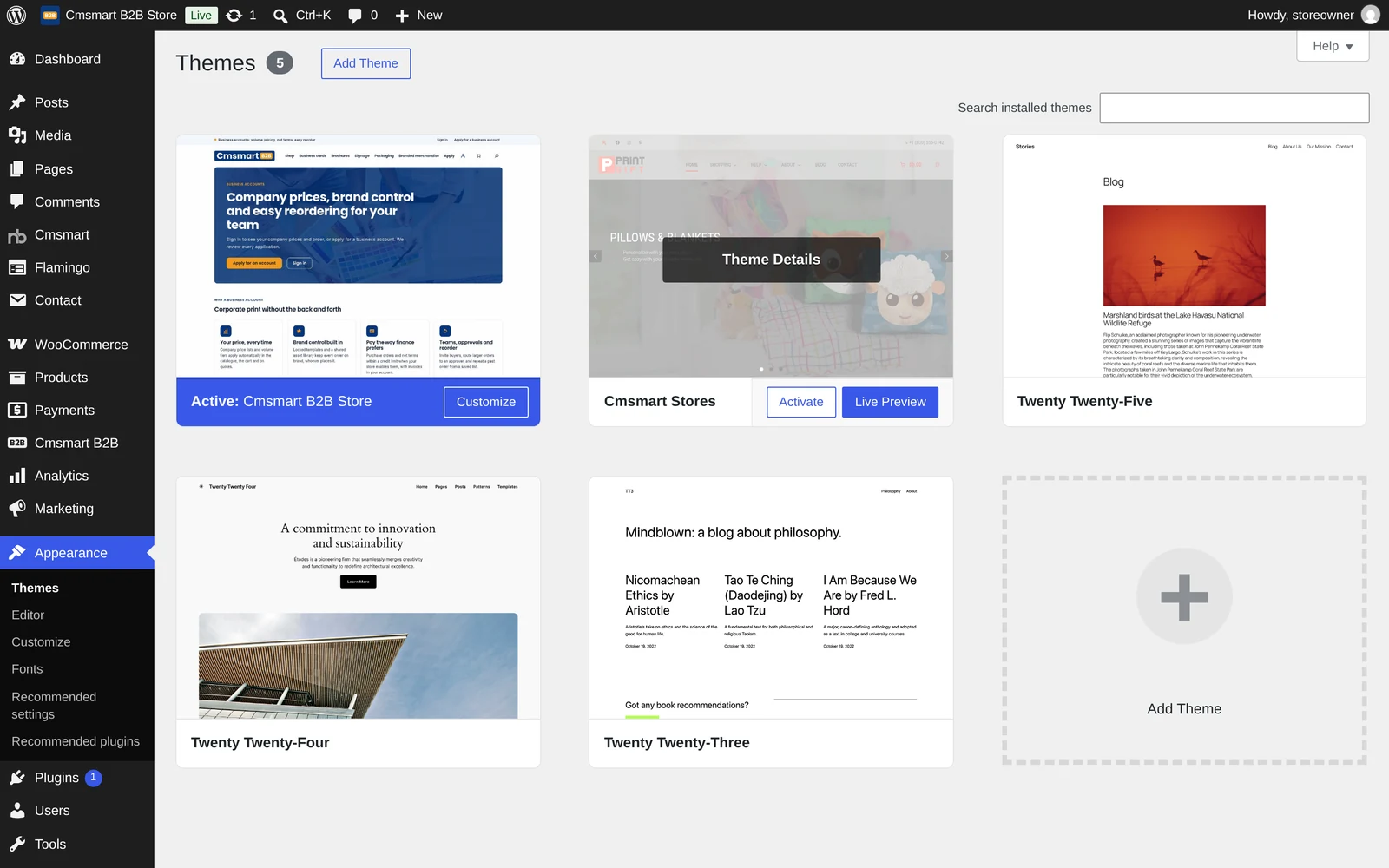 WordPress Appearance Themes screen, step one of a WooCommerce B2B store setup, with Cmsmart B2B Store active and its parent theme Cmsmart Stores installed beside it