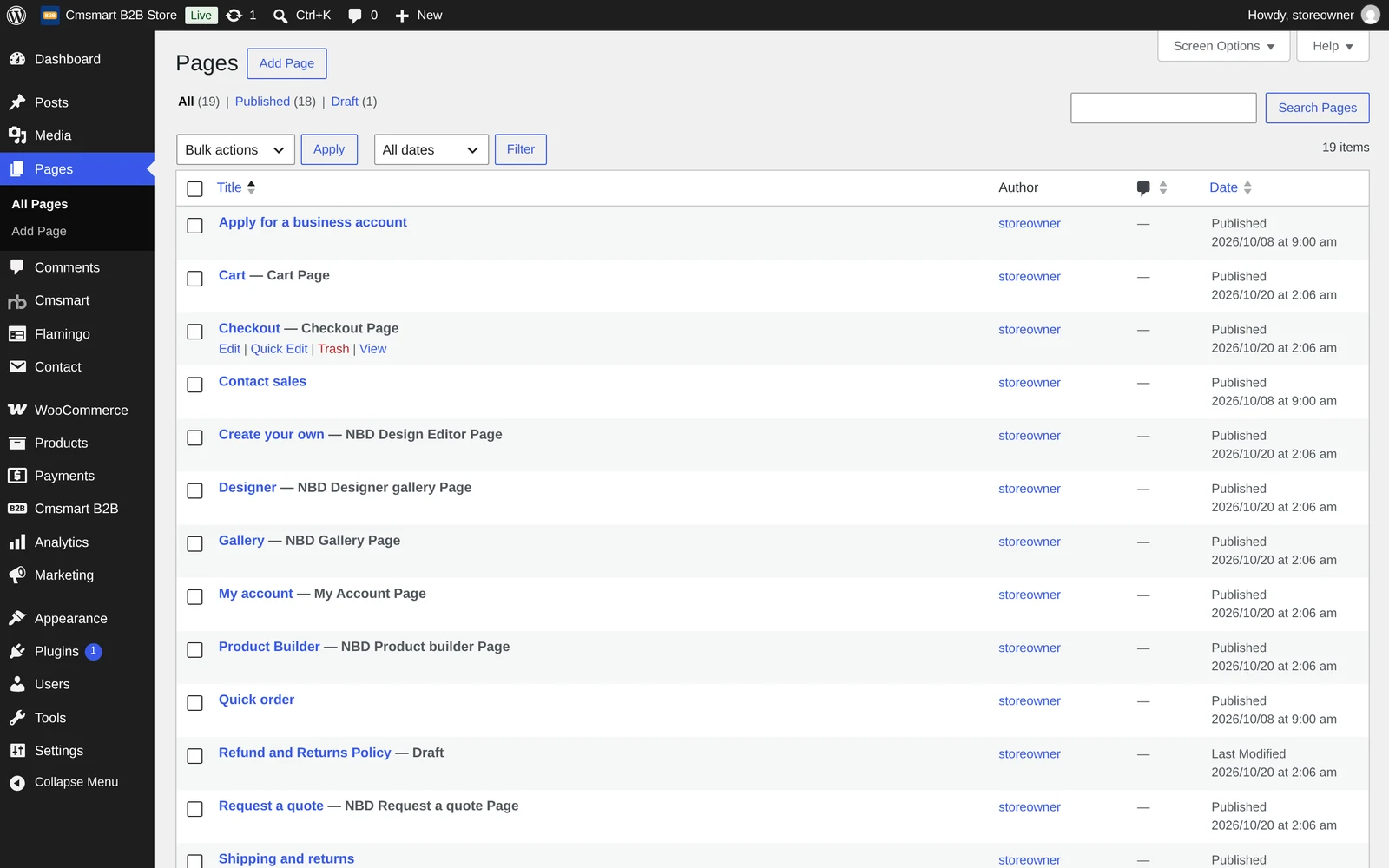 WordPress Pages list showing pages created by the Cmsmart B2B Store demo import, including Apply for a business account, Quick order and Request a quote