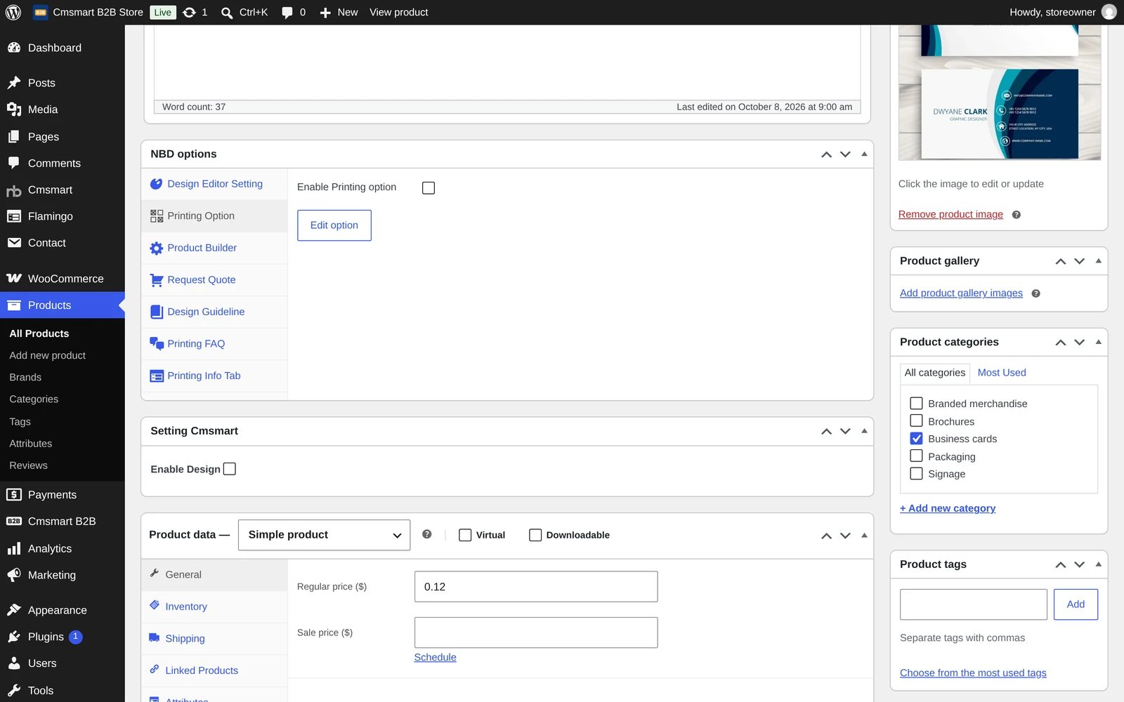 WooCommerce product edit screen with the Cmsmart Setting Cmsmart box showing an unchecked Enable Design checkbox and the NBD options box