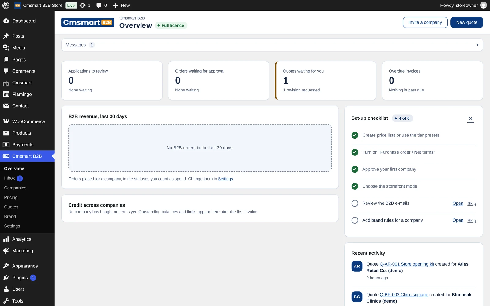 Cmsmart B2B Overview dashboard with Applications to review, Orders waiting for approval, Quotes waiting for you and a six-step set-up checklist