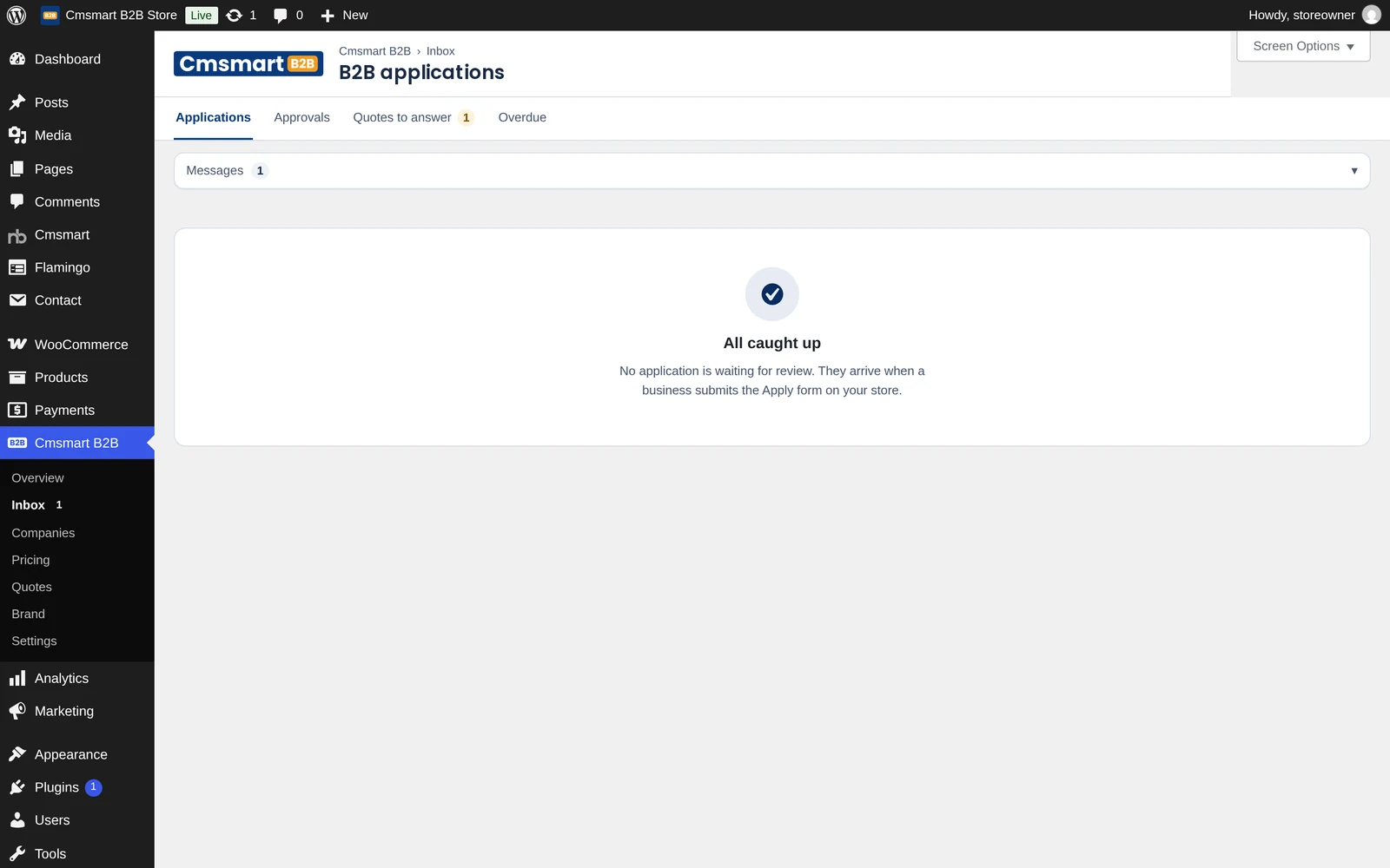 Cmsmart B2B Inbox with tabs for Applications, Approvals, Quotes to answer and Overdue
