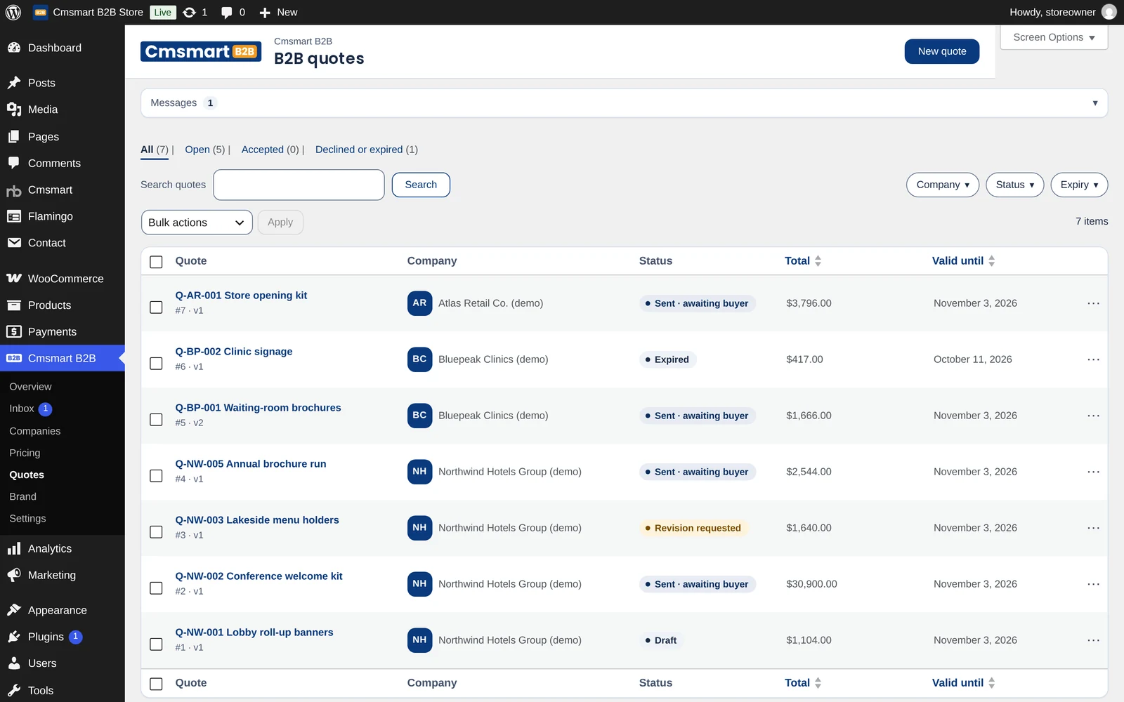 Cmsmart B2B Quotes list with statuses Sent, Expired, Revision requested and Draft for several demo companies