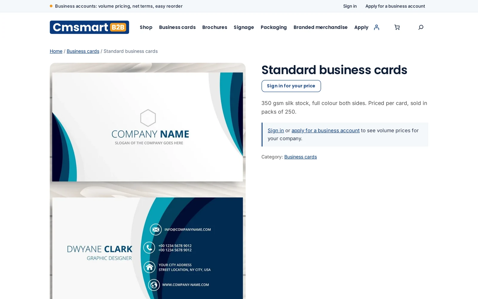 Cmsmart B2B Store product page for guests showing Sign in for your price instead of a price, with links to sign in or apply for a business account