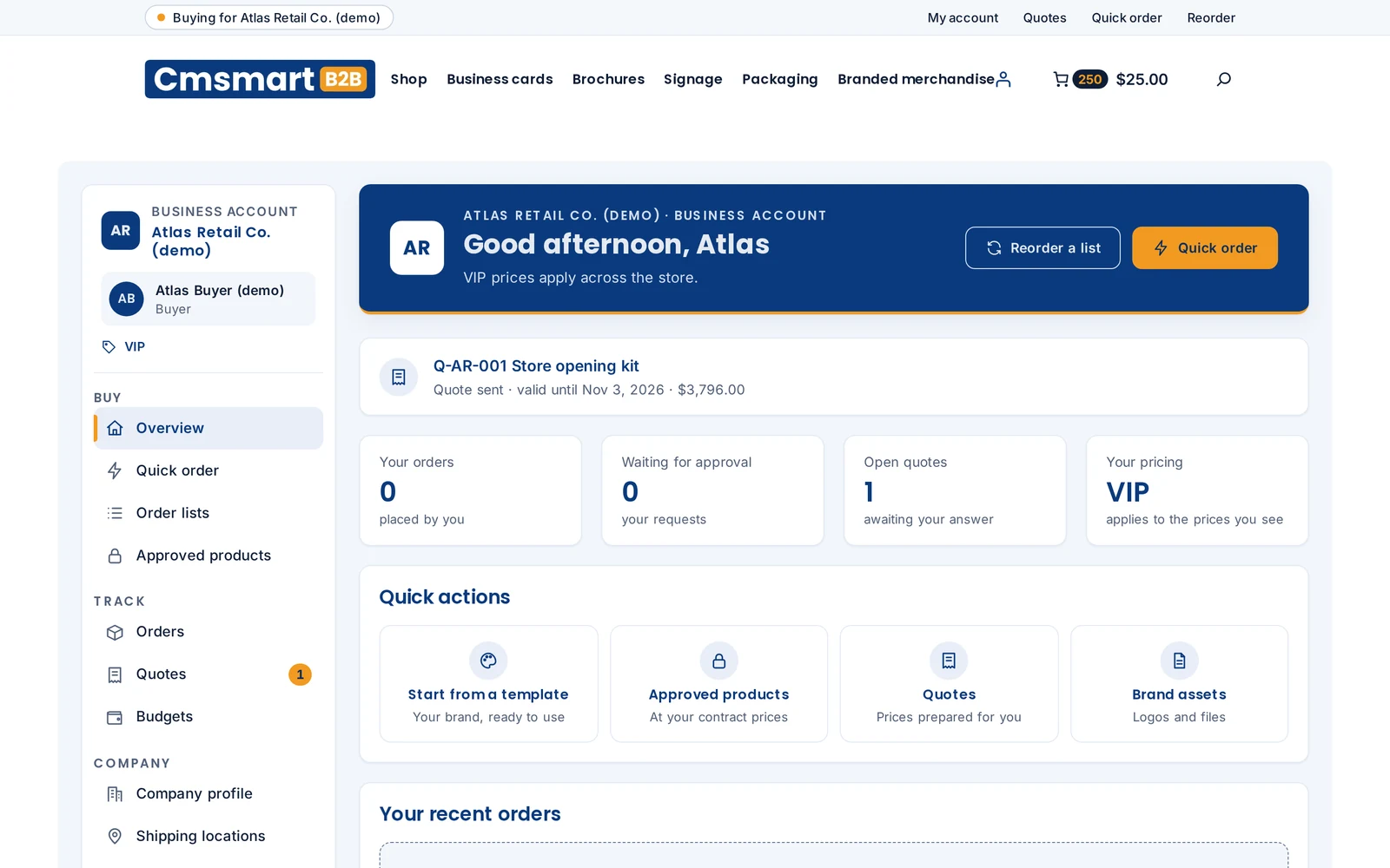 B2B buyer portal dashboard greeting a signed-in buyer, showing VIP pricing, open quotes, orders waiting for approval and quick actions