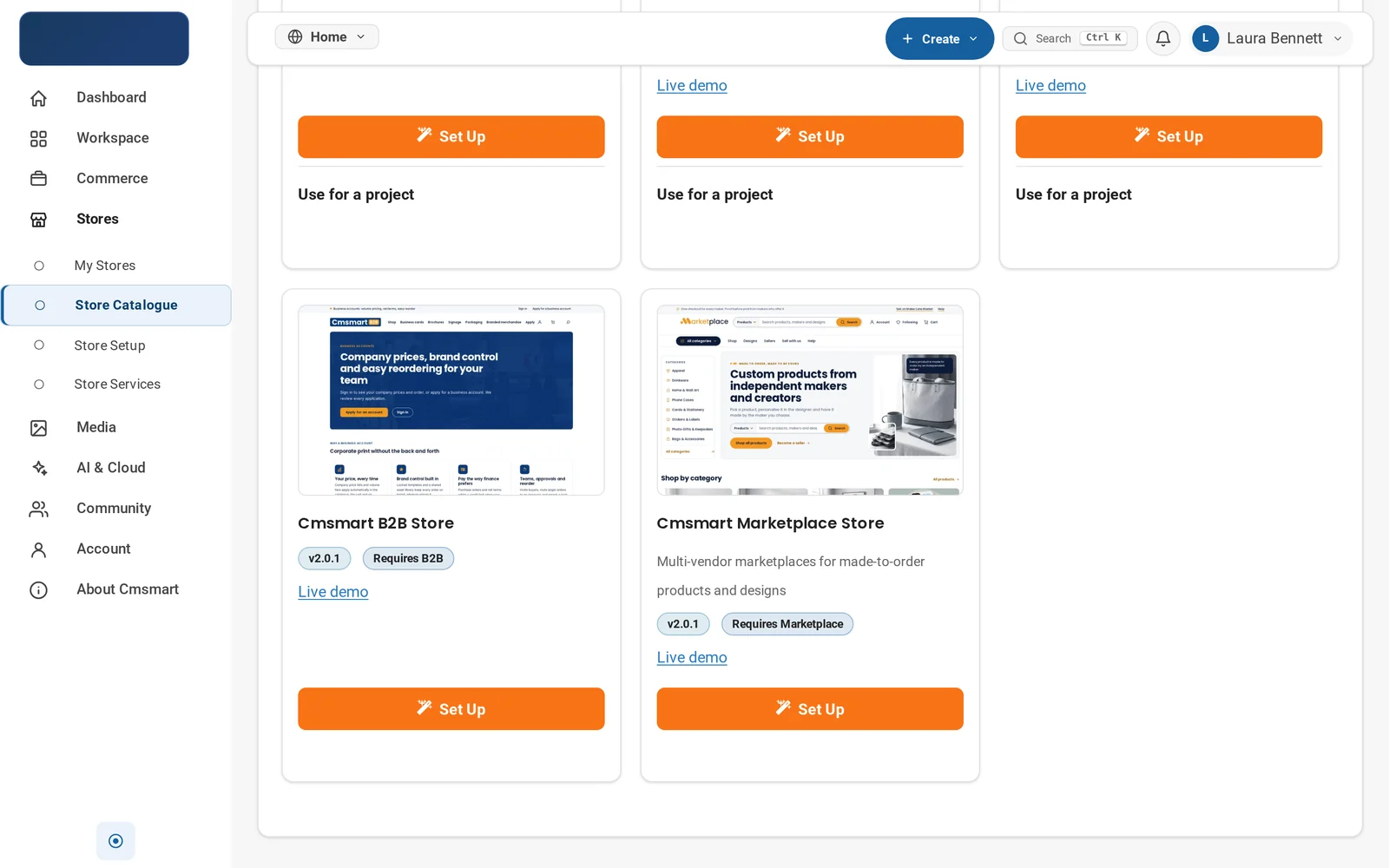 Cmsmart Store Catalogue with the Cmsmart Marketplace Store tile, version 2.0.1, a Live demo link and a Set Up button