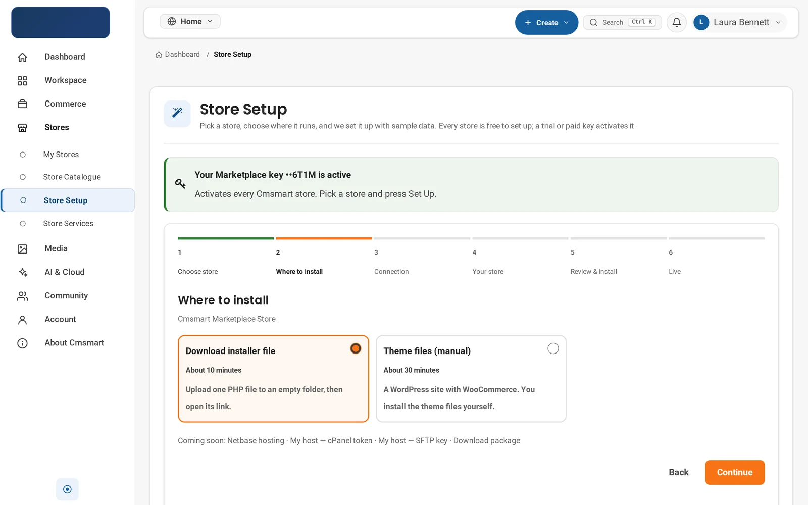 Cmsmart Store Setup wizard step 2, Where to install, with Download installer file and Theme files manual options for the Marketplace Store