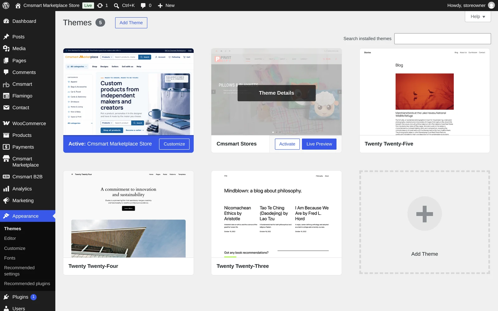 WordPress Appearance Themes screen with Cmsmart Marketplace Store active and its parent Cmsmart Stores theme installed