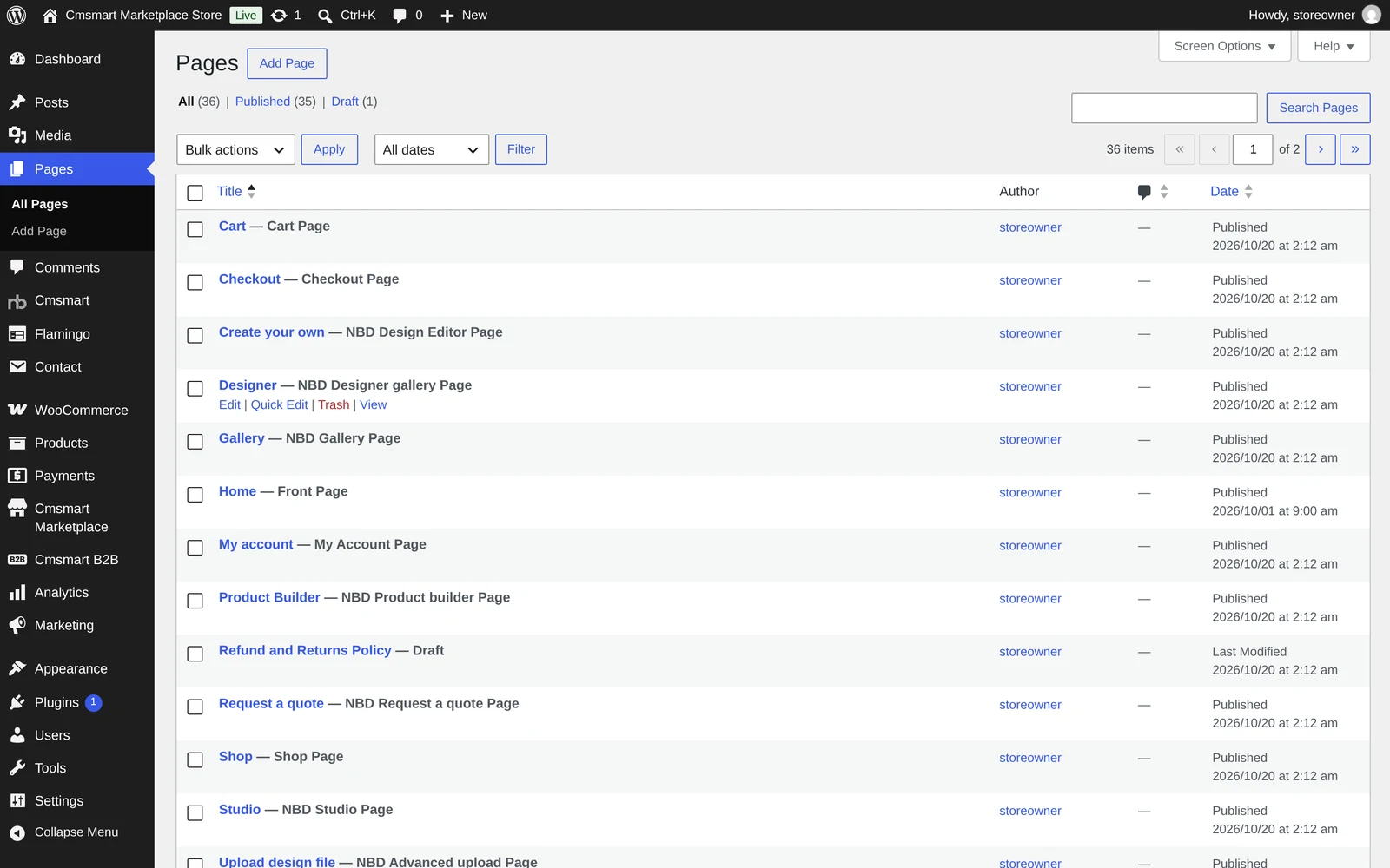 WordPress Pages list showing Home, Shop, Cart, Checkout, Designer and other pages created by the demo import