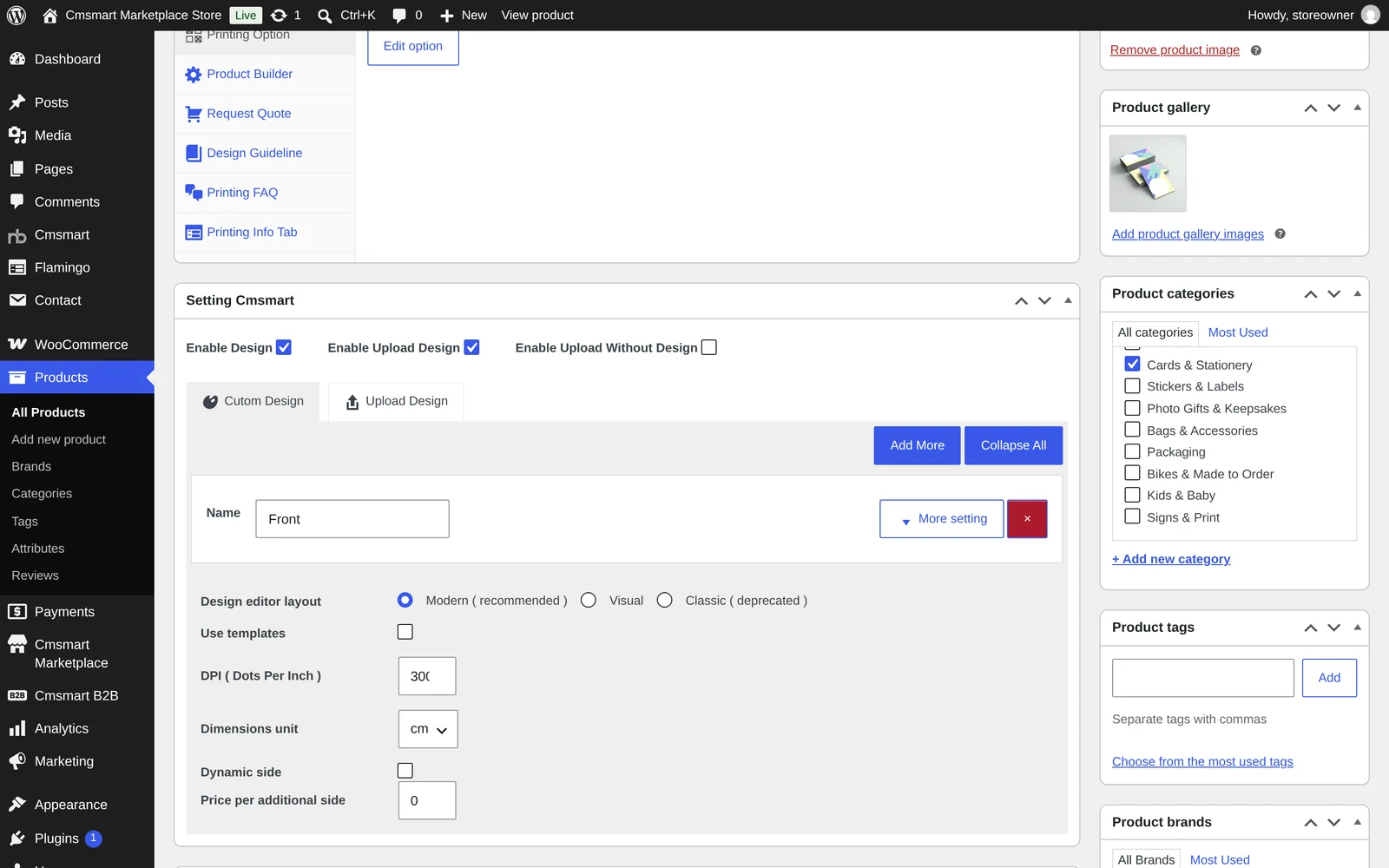 Setting Cmsmart box on a product edit screen with Enable Design, Enable Upload Design and design editor options