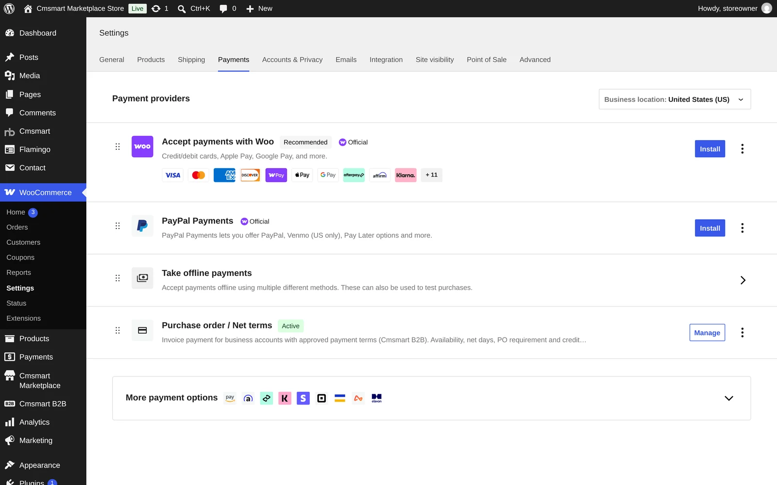 WooCommerce Settings Payments tab listing WooCommerce Payments, PayPal Payments and offline payment options, none installed yet