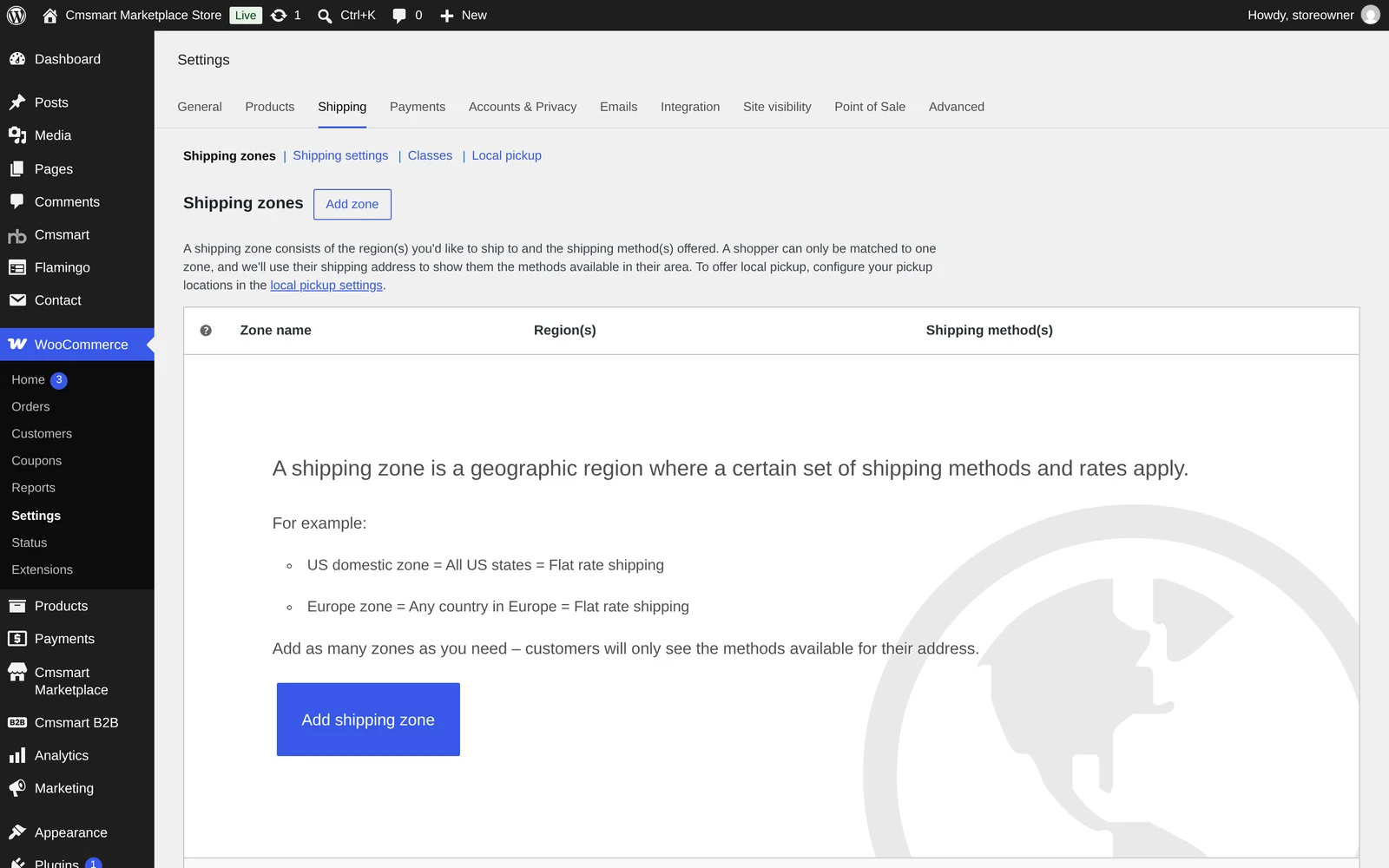WooCommerce Settings Shipping tab with no shipping zones configured and an Add shipping zone button