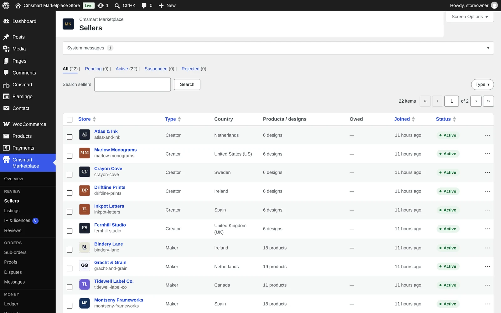 Cmsmart Marketplace Sellers screen listing Creator and Maker stores with country, products or designs, and Active status