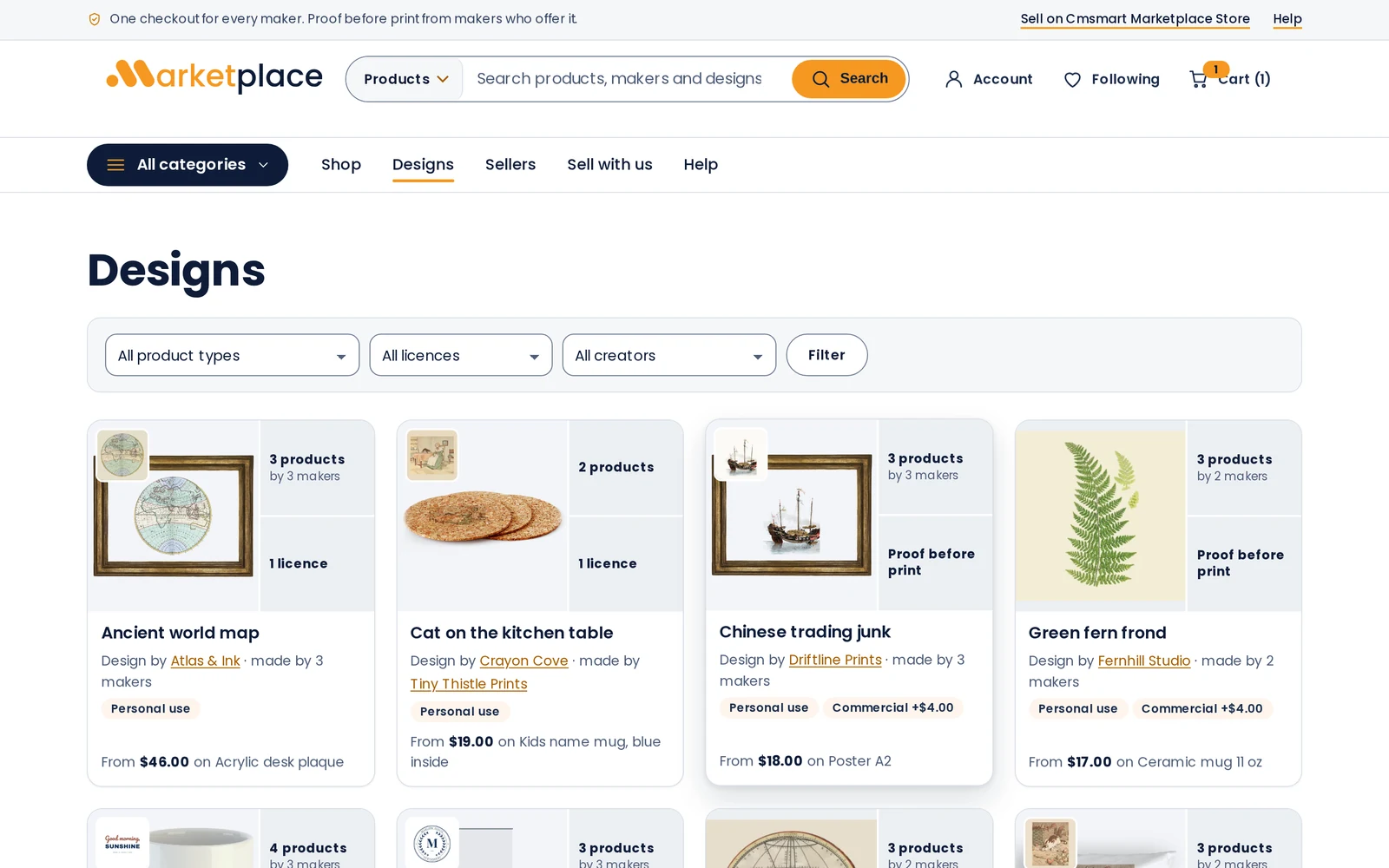 Cmsmart Marketplace Designs gallery showing design listings with Personal use and Commercial licence tags and starting prices