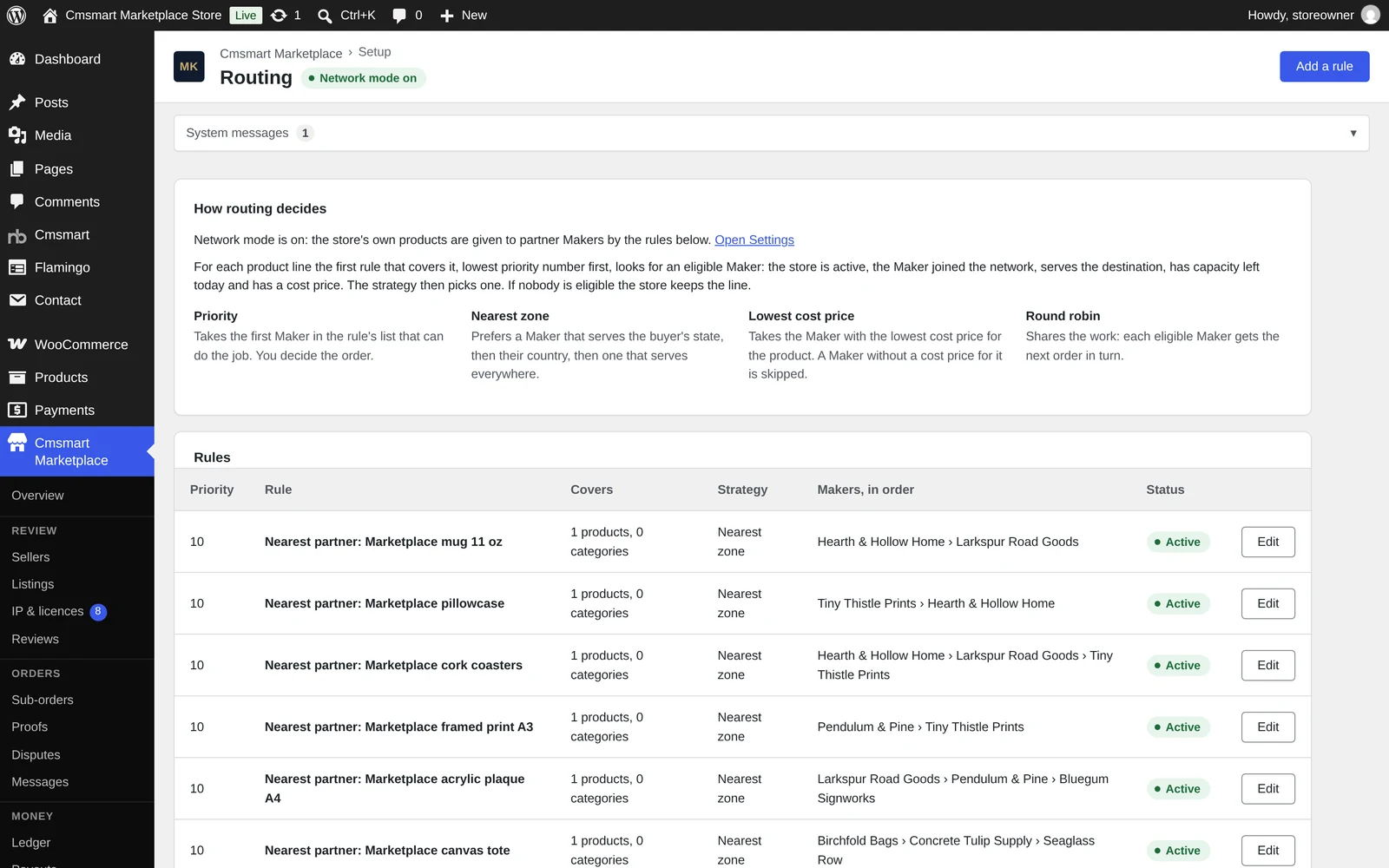 Cmsmart Marketplace Routing screen with Network mode on and rules listing products, strategy and makers in priority order