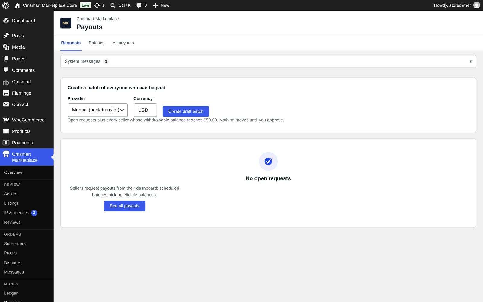 Cmsmart Marketplace Payouts screen with a Create draft batch form for a Manual bank transfer provider and no open requests